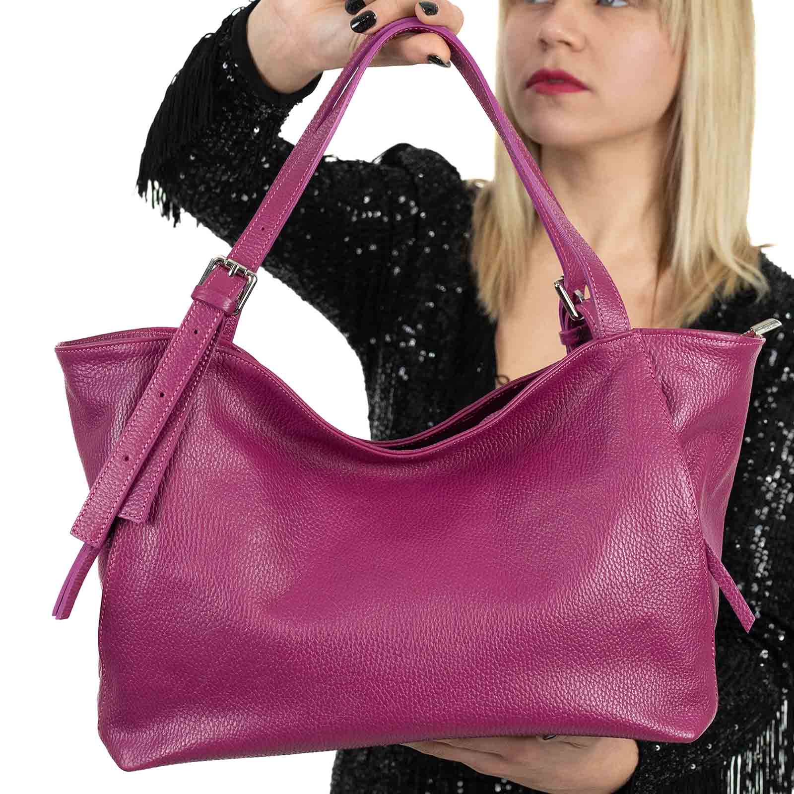 Borsa A Spalla In Vera Pelle Donna Con Tasche Laterali a Scomparsa Rindway