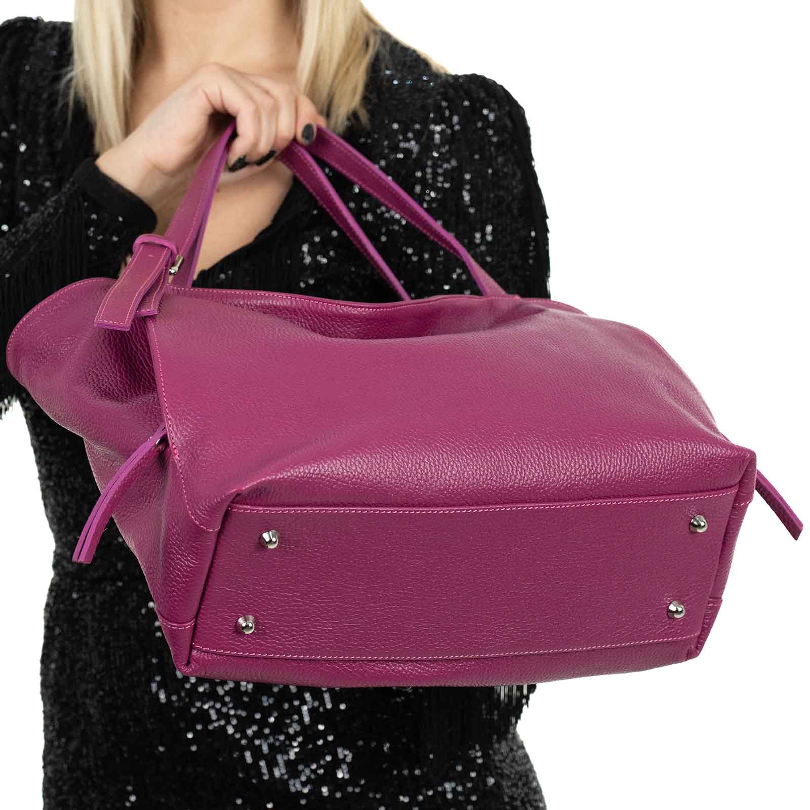 Borsa A Spalla In Vera Pelle Donna Con Tasche Laterali a Scomparsa Rindway