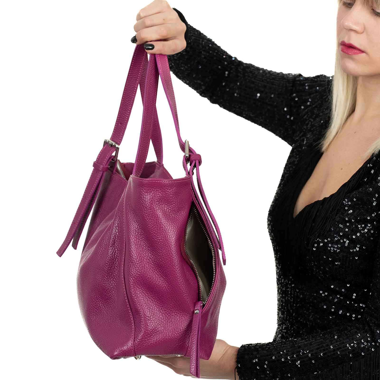 Borsa A Spalla In Vera Pelle Donna Con Tasche Laterali a Scomparsa Rindway