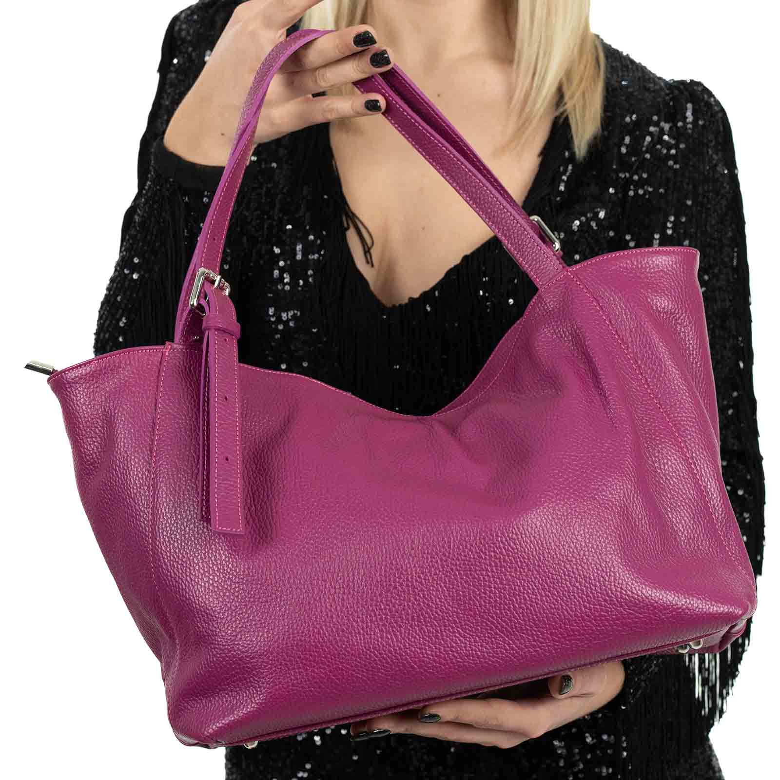 Borsa A Spalla In Vera Pelle Donna Con Tasche Laterali a Scomparsa Rindway