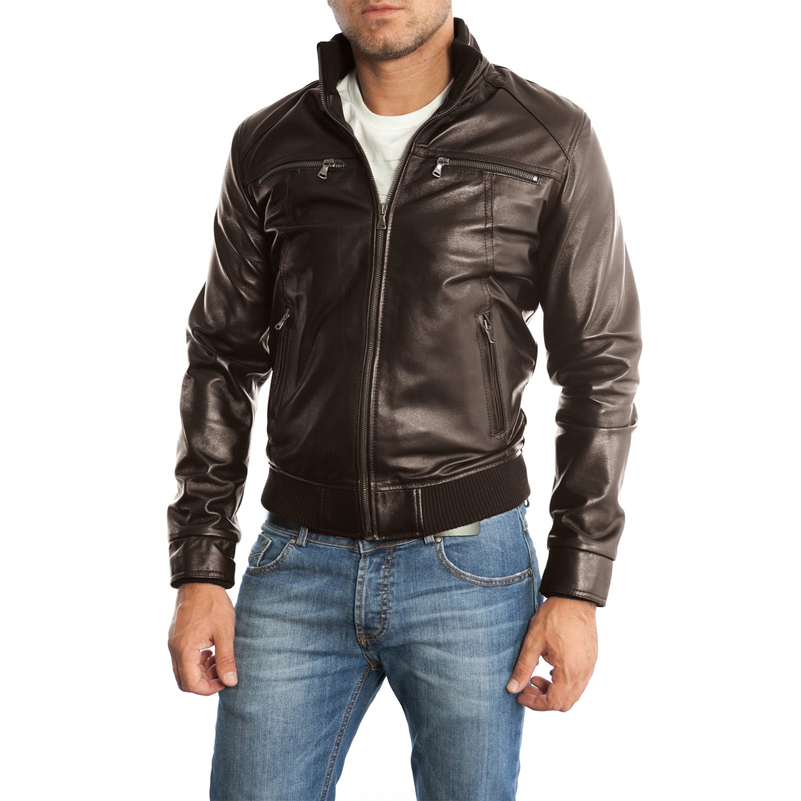 Men's Blue Genuine Leather Bomber Jacket with Chest Zippers and Rindway Pockets