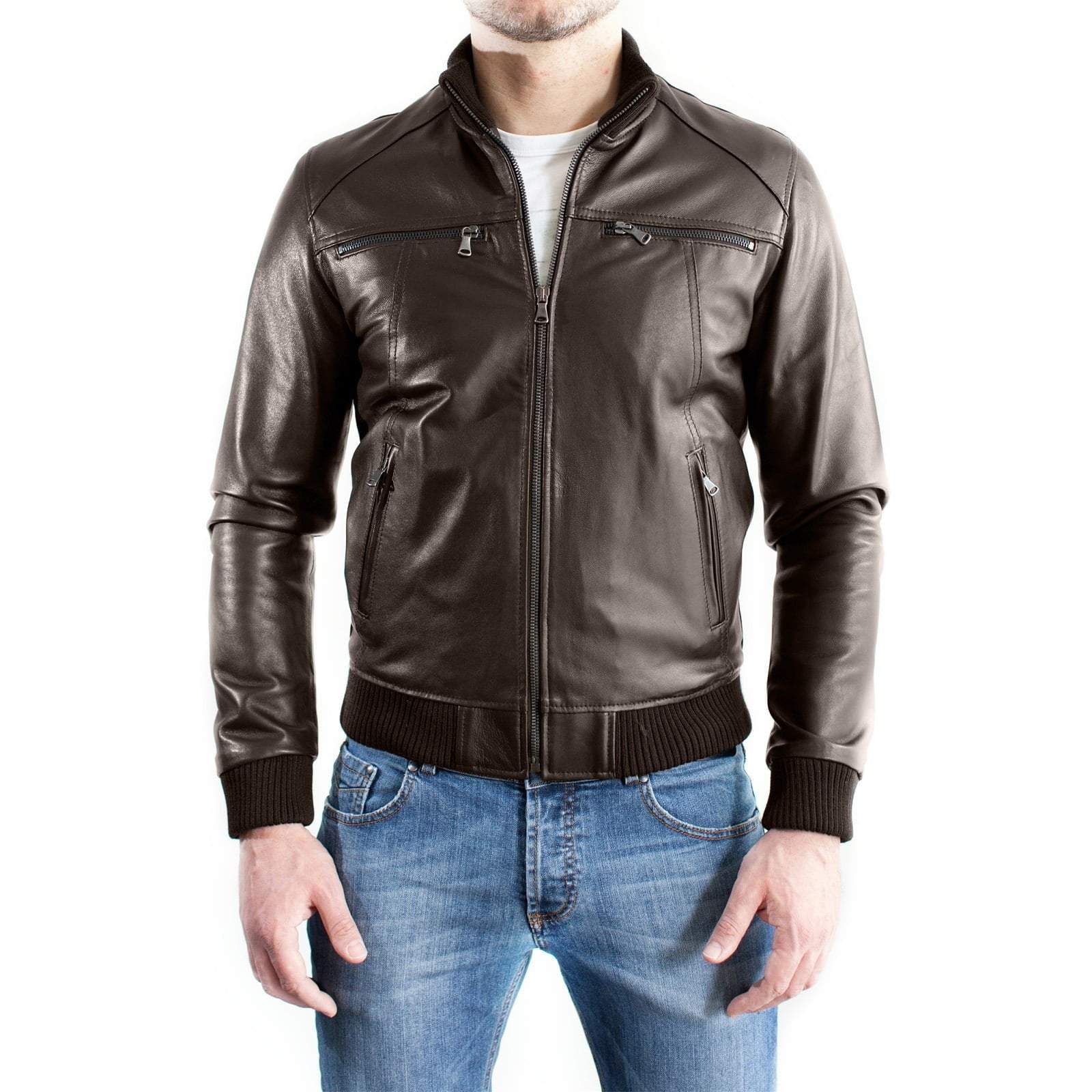 Men's Brown Genuine Leather Bomber Jacket with Four Rindway Zipper Pockets