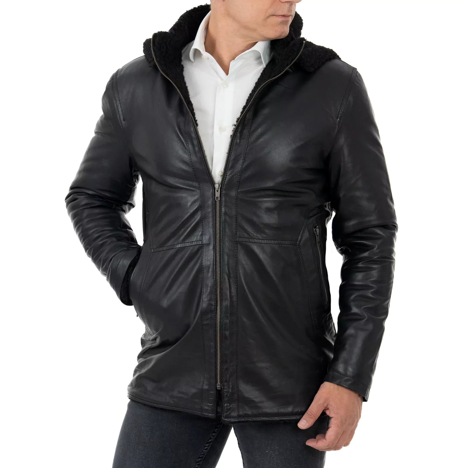 Slim Men's Black Genuine Leather Biker Jacket In Sheepskin Style Collar With Rindway Buckle