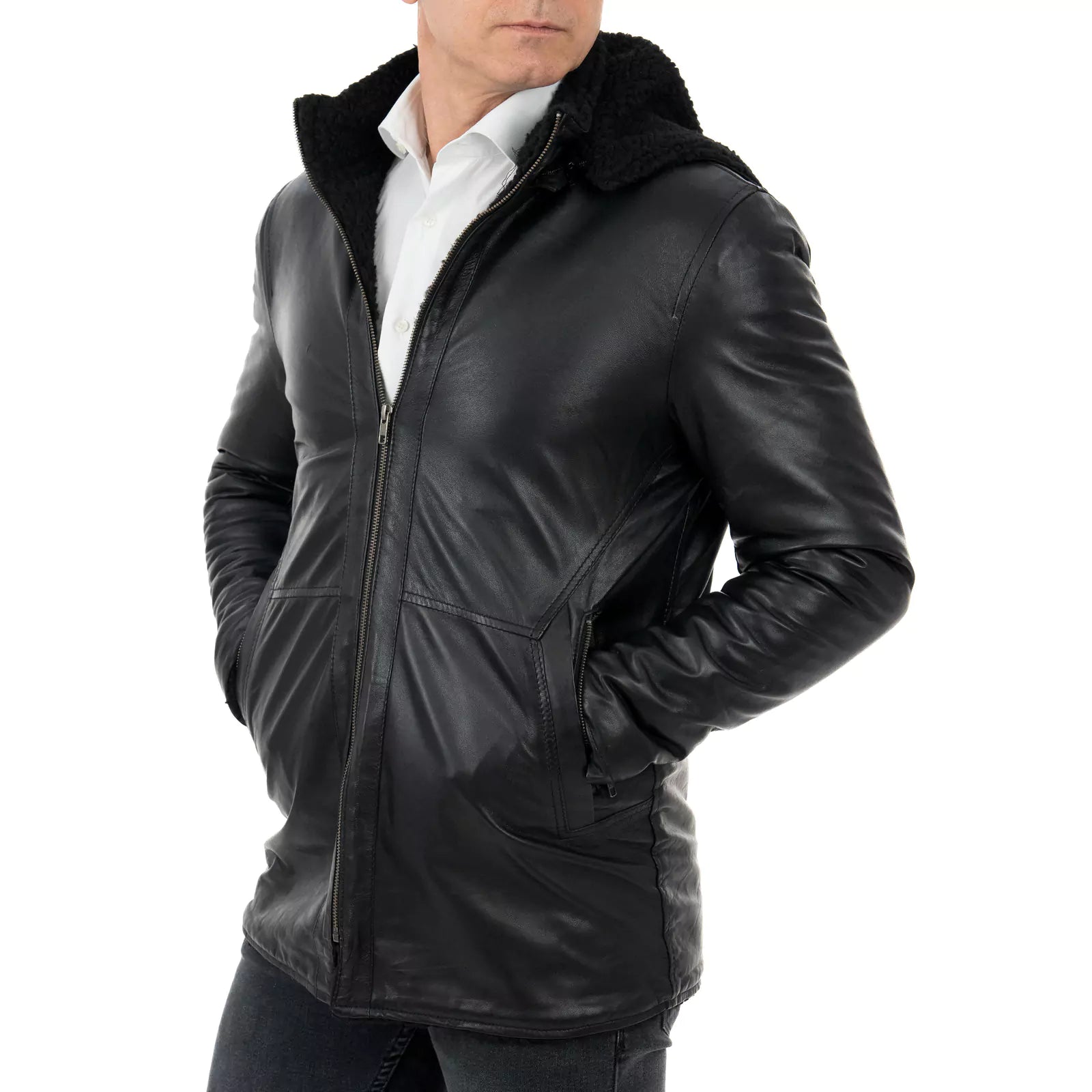 Slim Men's Black Genuine Leather Biker Jacket In Sheepskin Style Collar With Rindway Buckle