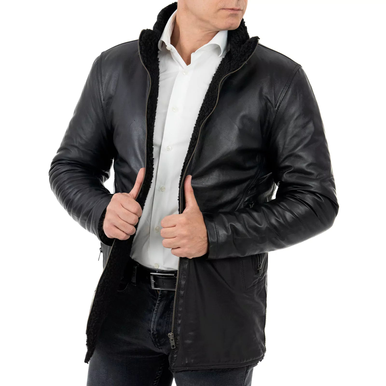 Slim Men's Black Genuine Leather Biker Jacket In Sheepskin Style Collar With Rindway Buckle