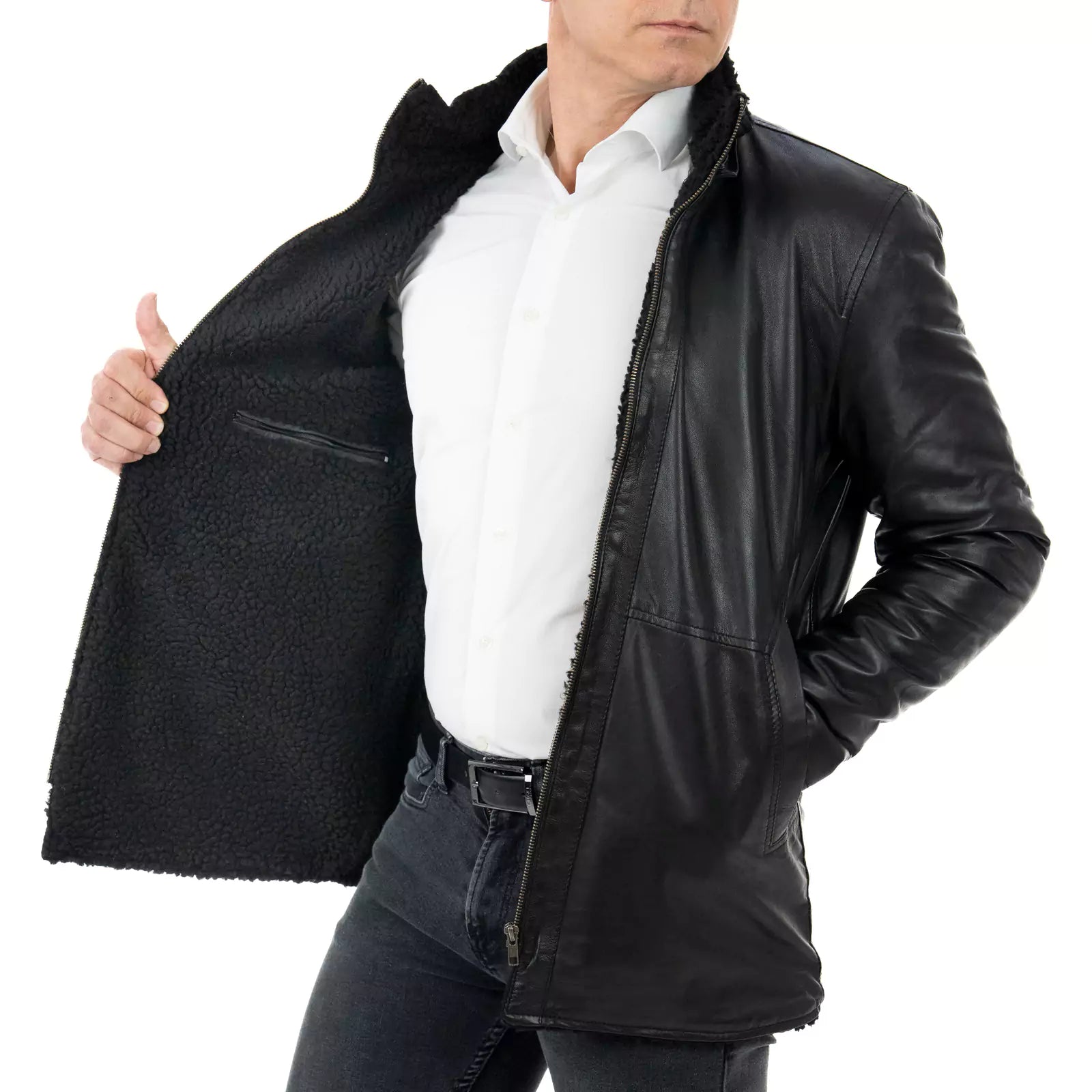 Slim Men's Black Genuine Leather Biker Jacket In Sheepskin Style Collar With Rindway Buckle