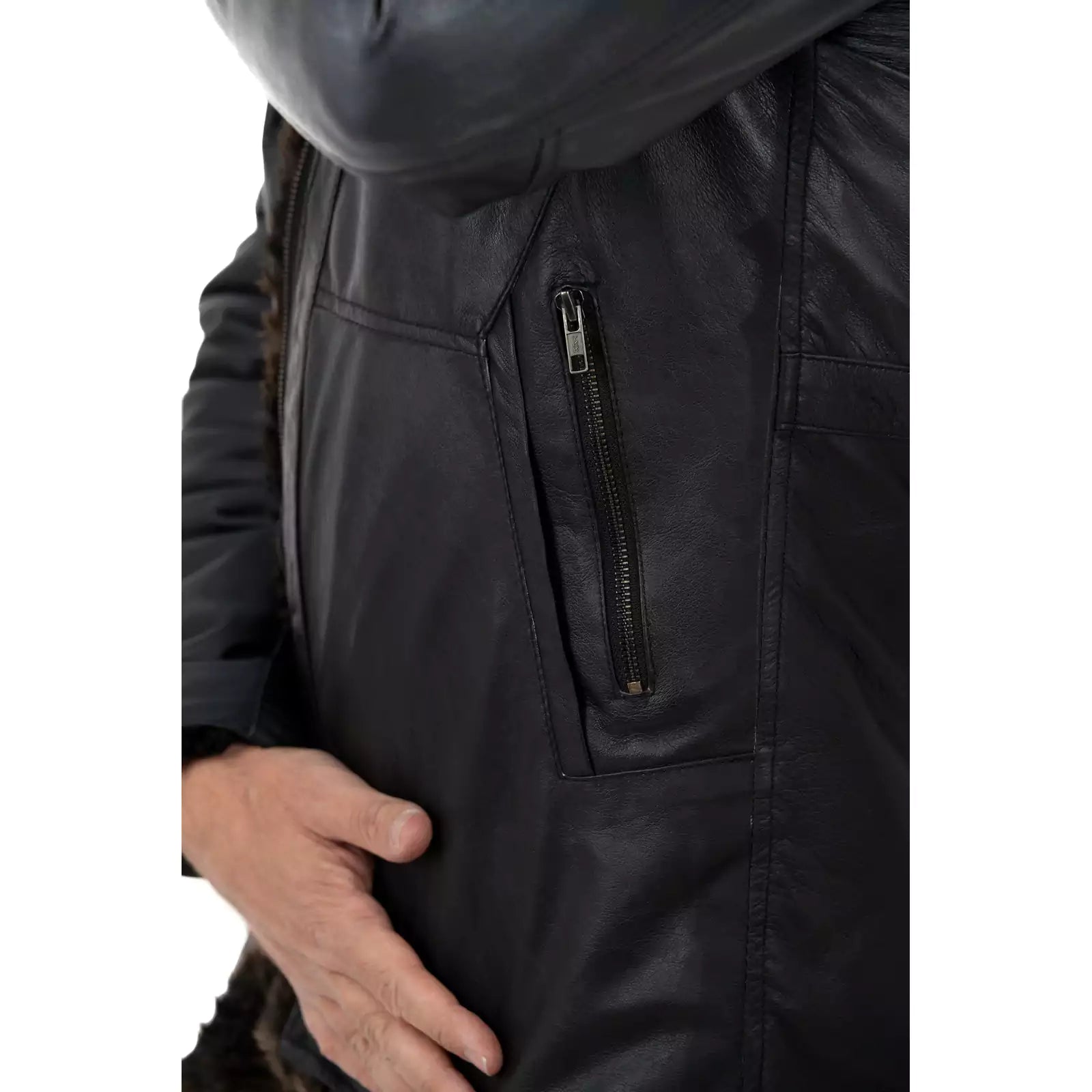 Slim Men's Black Genuine Leather Biker Jacket In Sheepskin Style Collar With Rindway Buckle