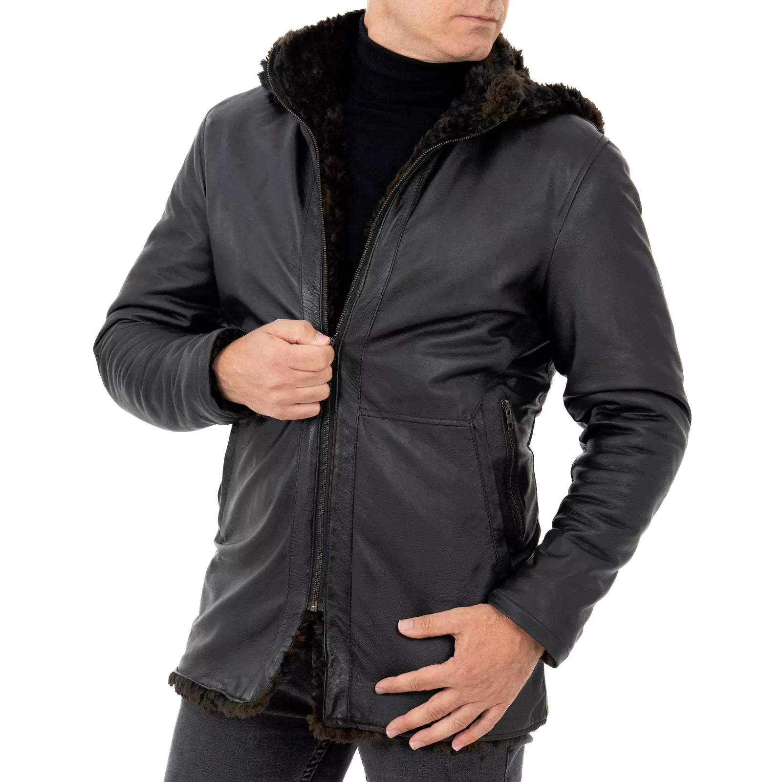 Slim Men's Black Genuine Leather Biker Jacket In Sheepskin Style Collar With Rindway Buckle