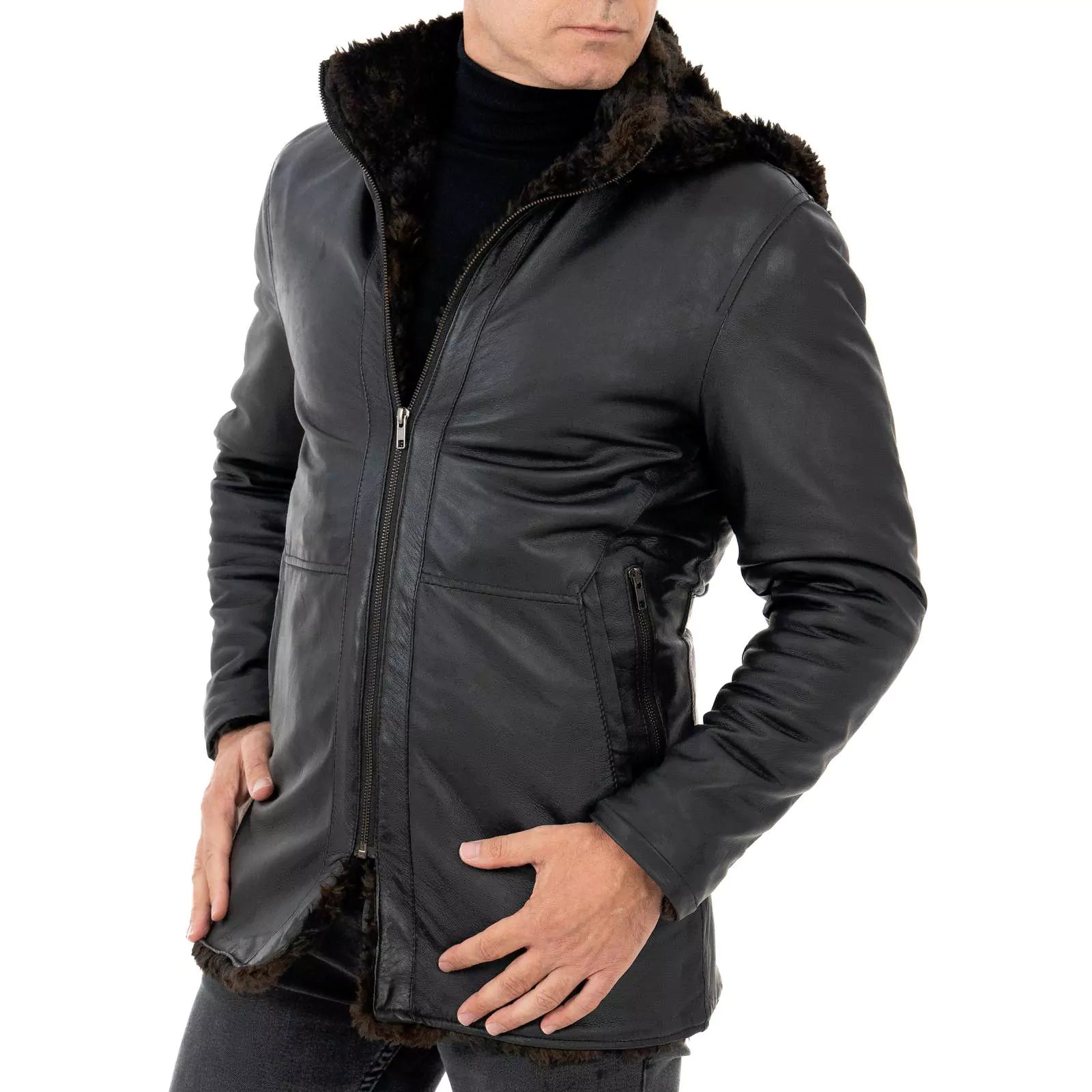 Slim Men's Black Genuine Leather Biker Jacket In Sheepskin Style Collar With Rindway Buckle