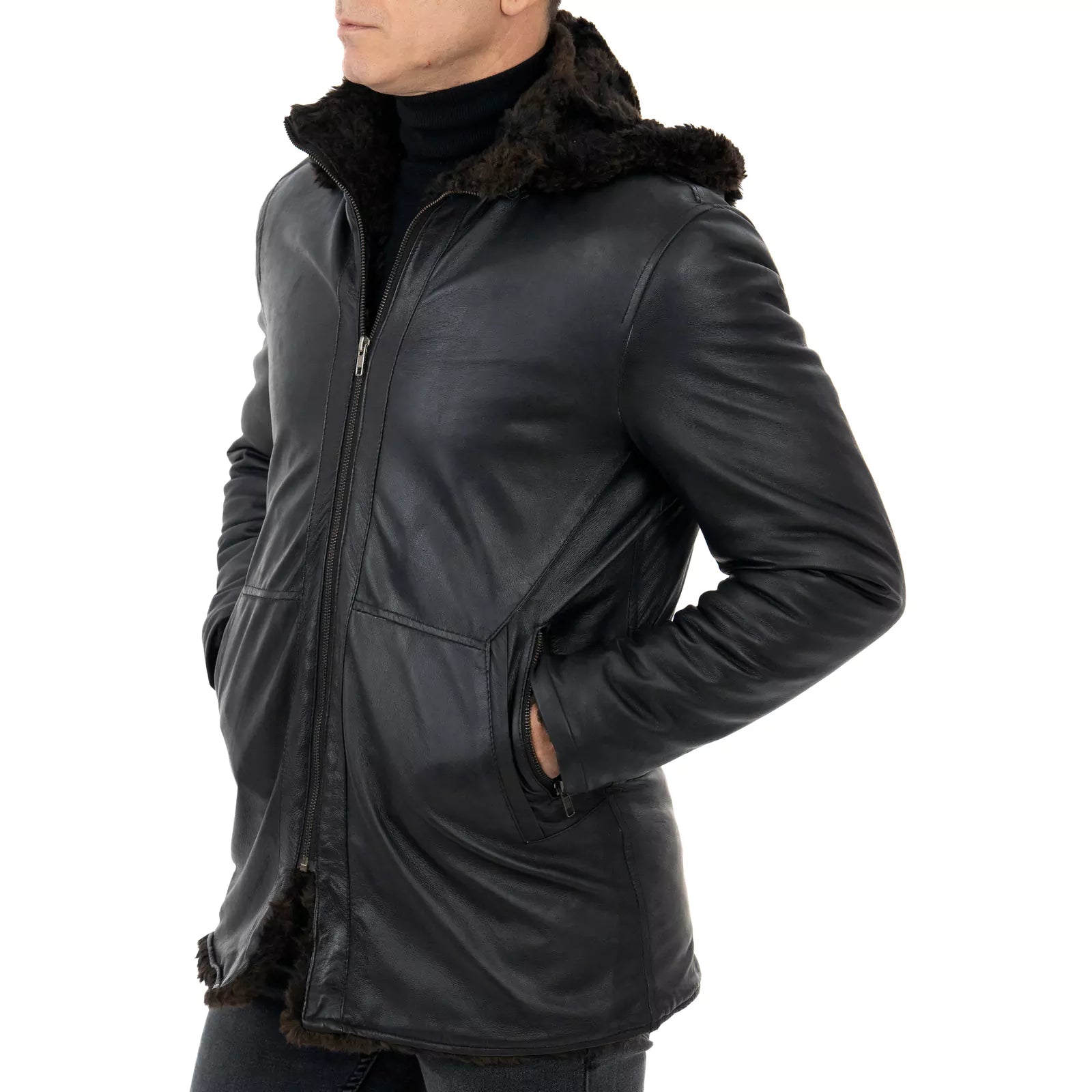 Slim Men's Black Genuine Leather Biker Jacket In Sheepskin Style Collar With Rindway Buckle