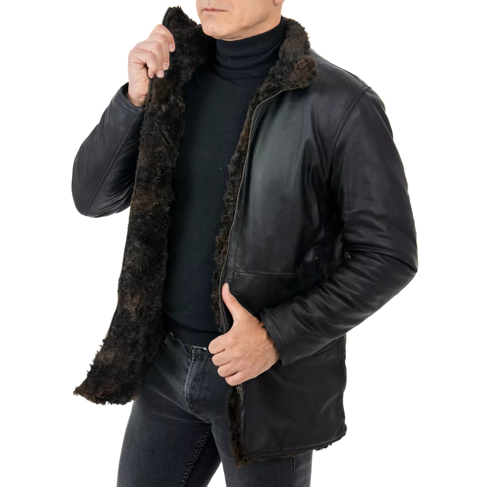 Slim Men's Black Genuine Leather Biker Jacket In Sheepskin Style Collar With Rindway Buckle