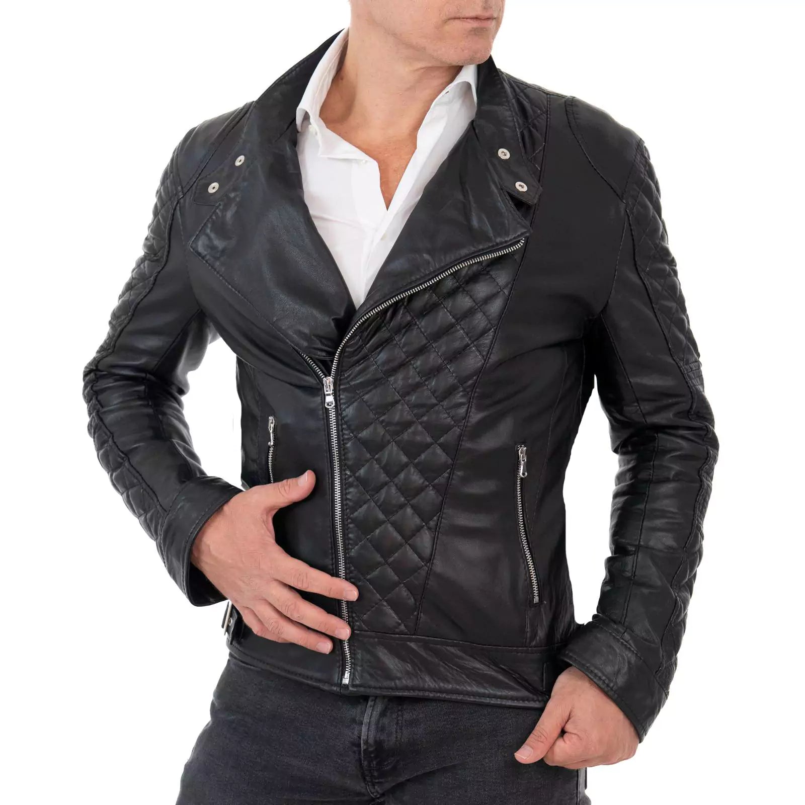 Chiodo Biker In Vera Pelle Nero Uomo Slim Trapuntato Rombi Rindway