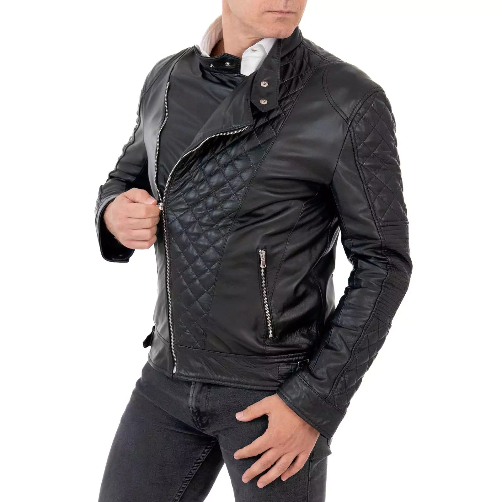 Chiodo Biker In Vera Pelle Nero Uomo Slim Trapuntato Rombi Rindway