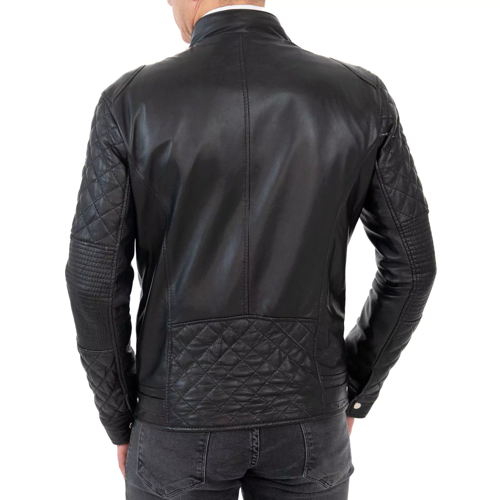 Chiodo Biker In Vera Pelle Nero Uomo Slim Trapuntato Rombi Rindway