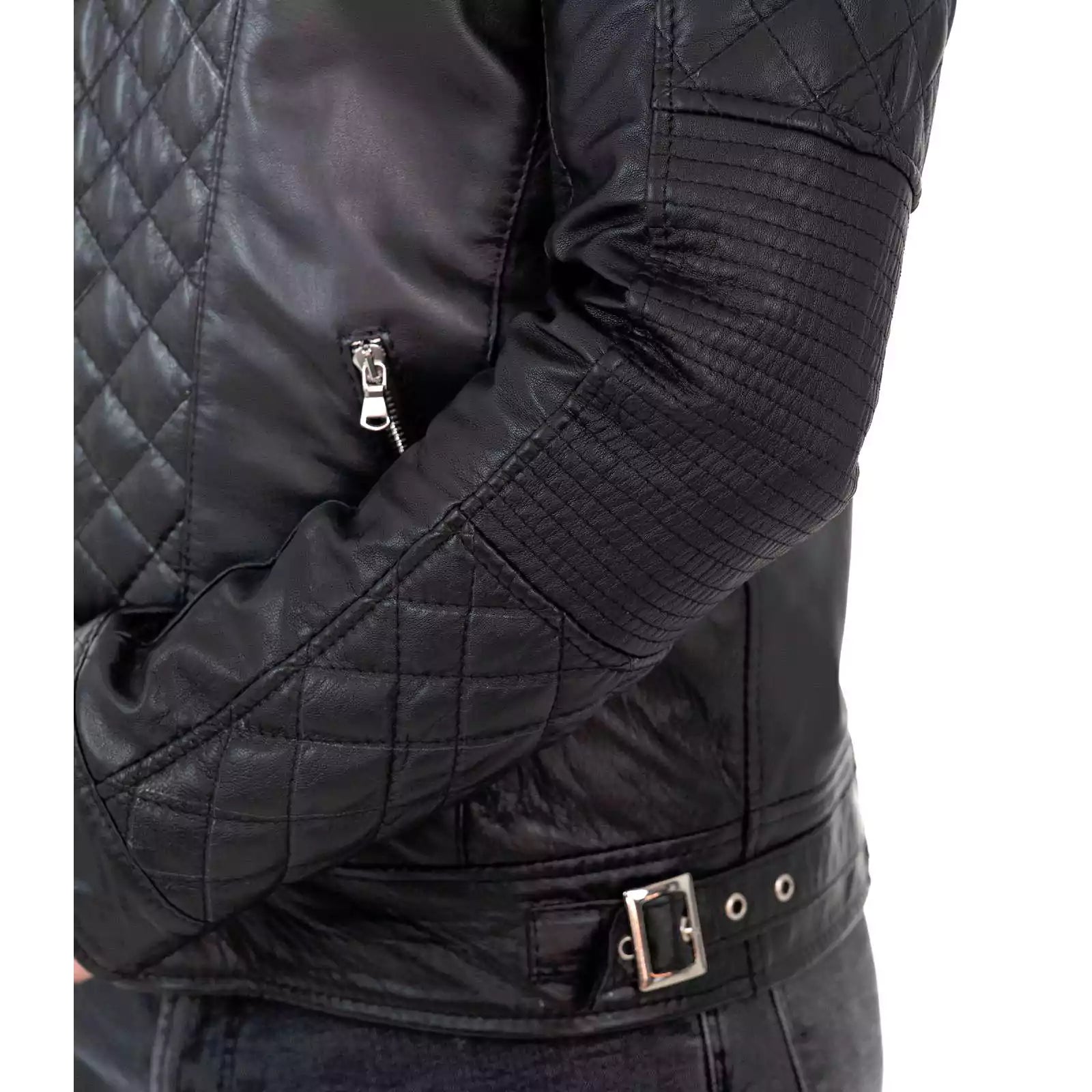 Chiodo Biker In Vera Pelle Nero Uomo Slim Trapuntato Rombi Rindway