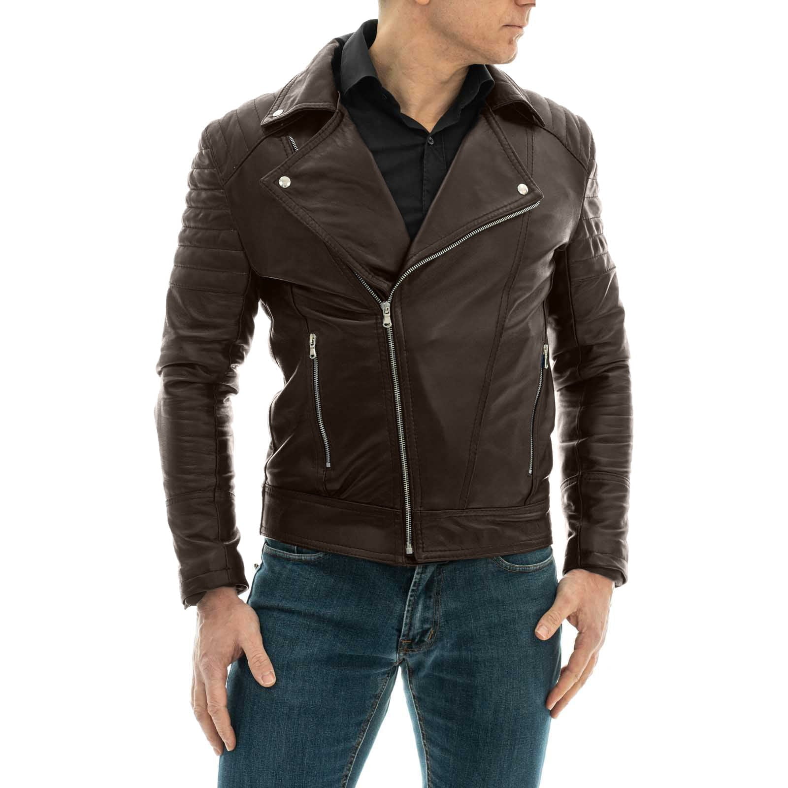 Biker Nail In Genuine Brown Leather Men Slim Lines Shoulders Arms Rindway