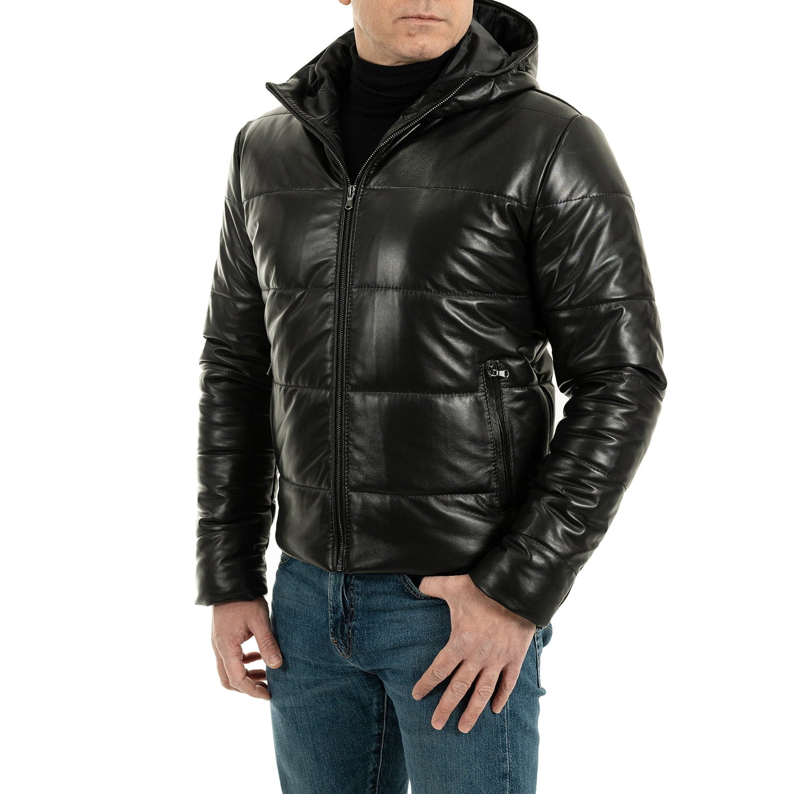 Rindway Men's Genuine Leather Down Jacket Slim Wide Lines Fixed Hood