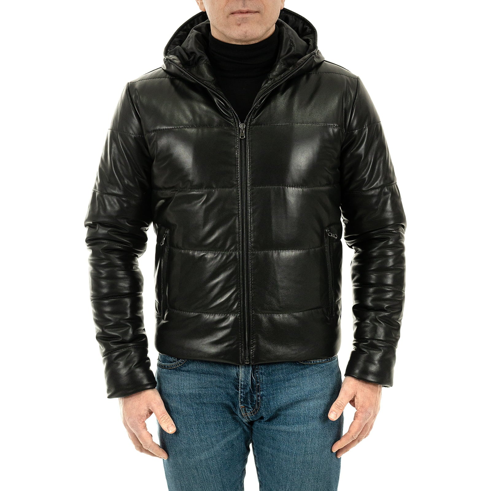 Rindway Men's Genuine Leather Down Jacket Slim Wide Lines Fixed Hood