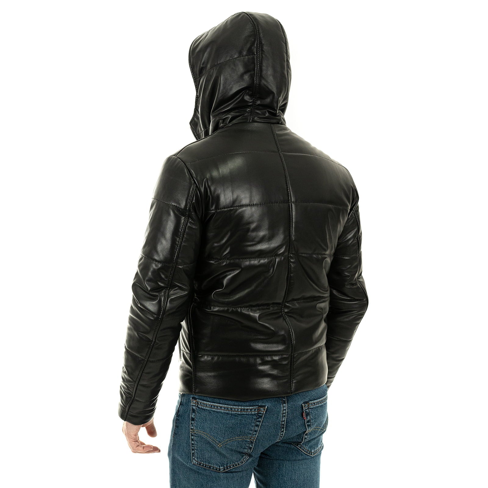 Rindway Men's Genuine Leather Down Jacket Slim Wide Lines Fixed Hood