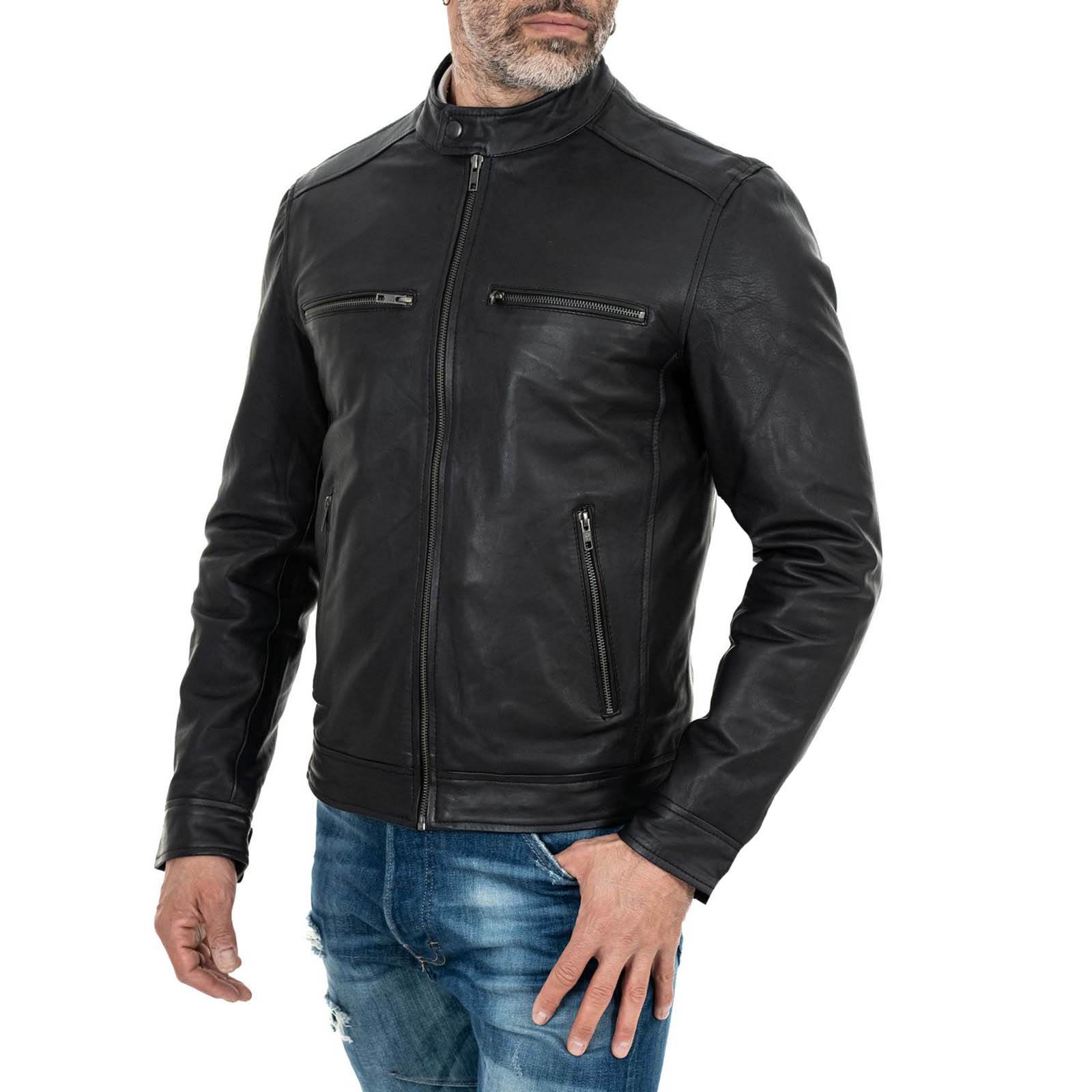 Giacca Biker In Vera Pelle Nera Uomo Slim Collo Coreana Quattro Tasche Rindway