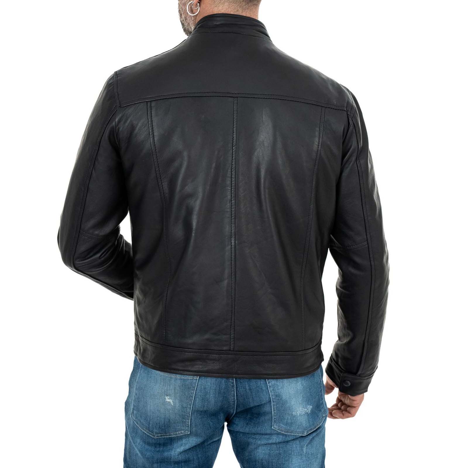 Rindway Men's Black Genuine Leather Biker Jacket Slim Mandarin Collar Four Pockets