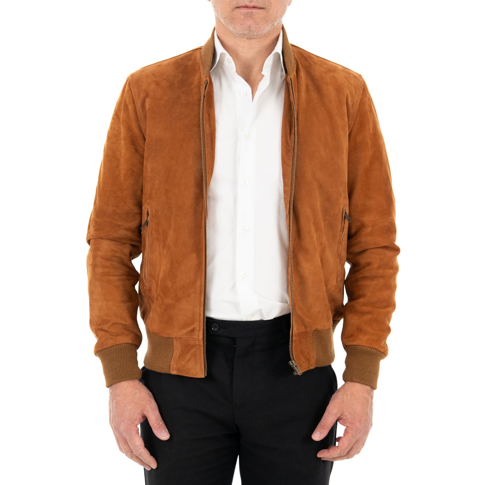 Giubbotto Bomber In Vera Pelle Camoscio Bruciato Uomo Slim Collo College Rindway