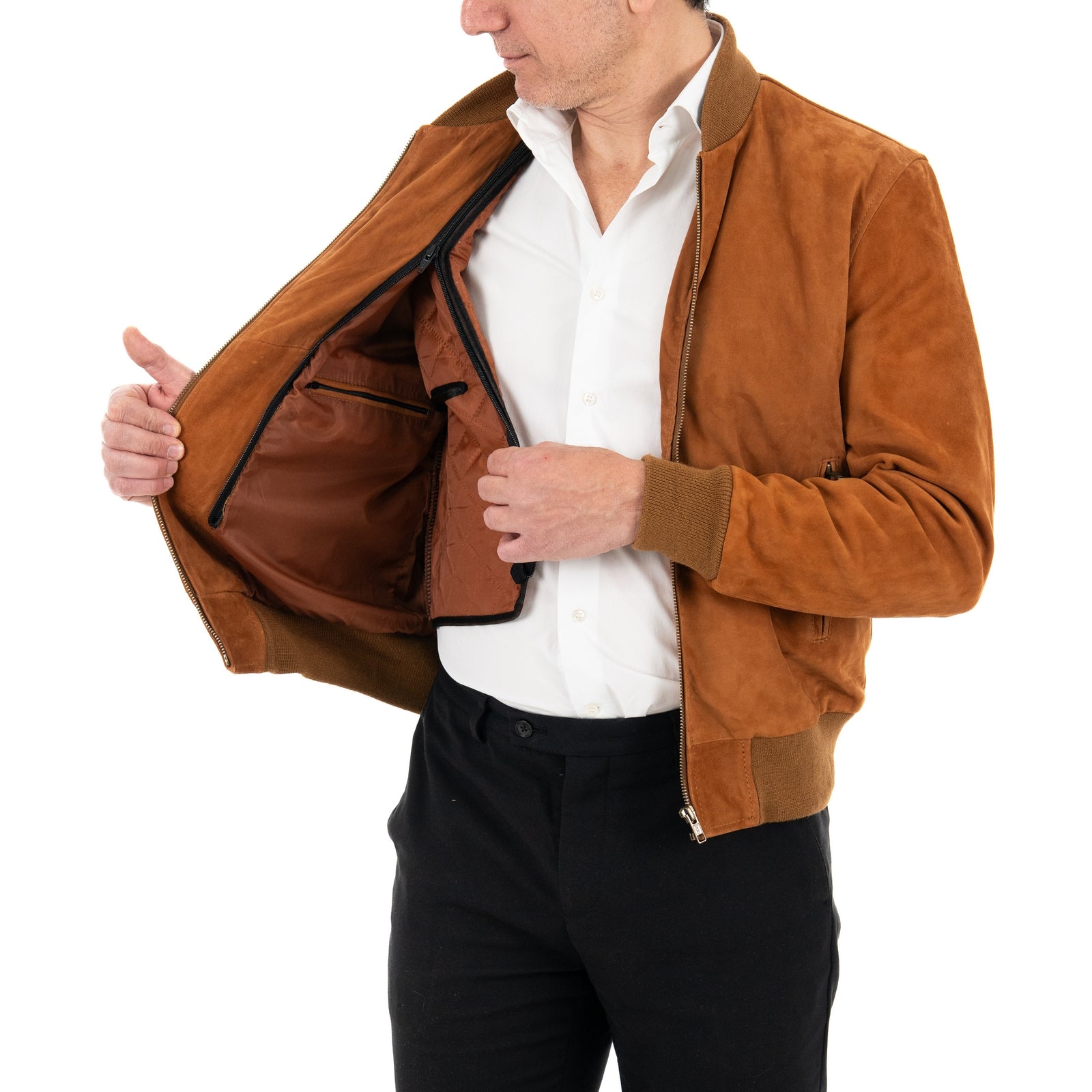 Giubbotto Bomber In Vera Pelle Camoscio Bruciato Uomo Slim Collo College Rindway