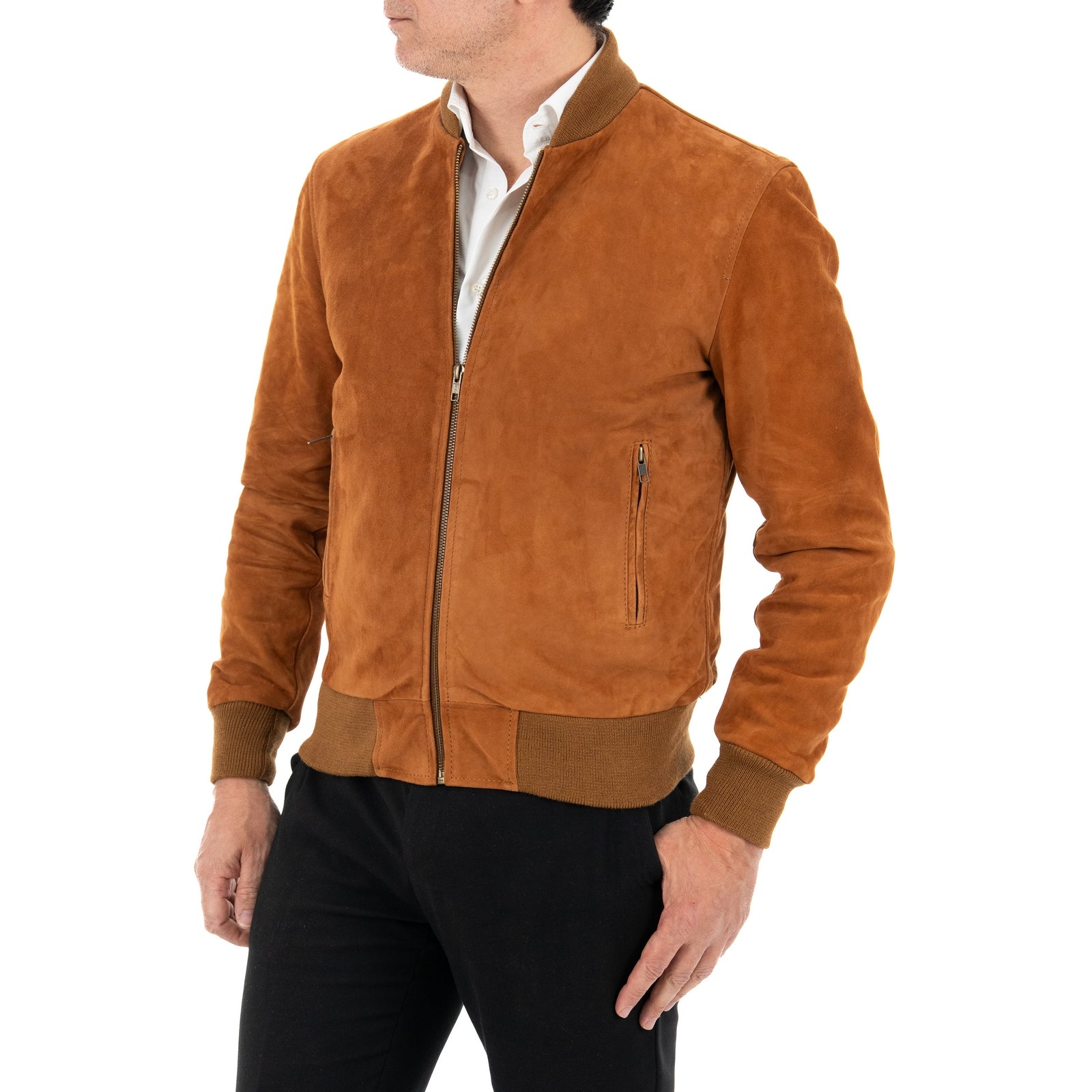 Giubbotto Bomber In Vera Pelle Camoscio Bruciato Uomo Slim Collo College Rindway