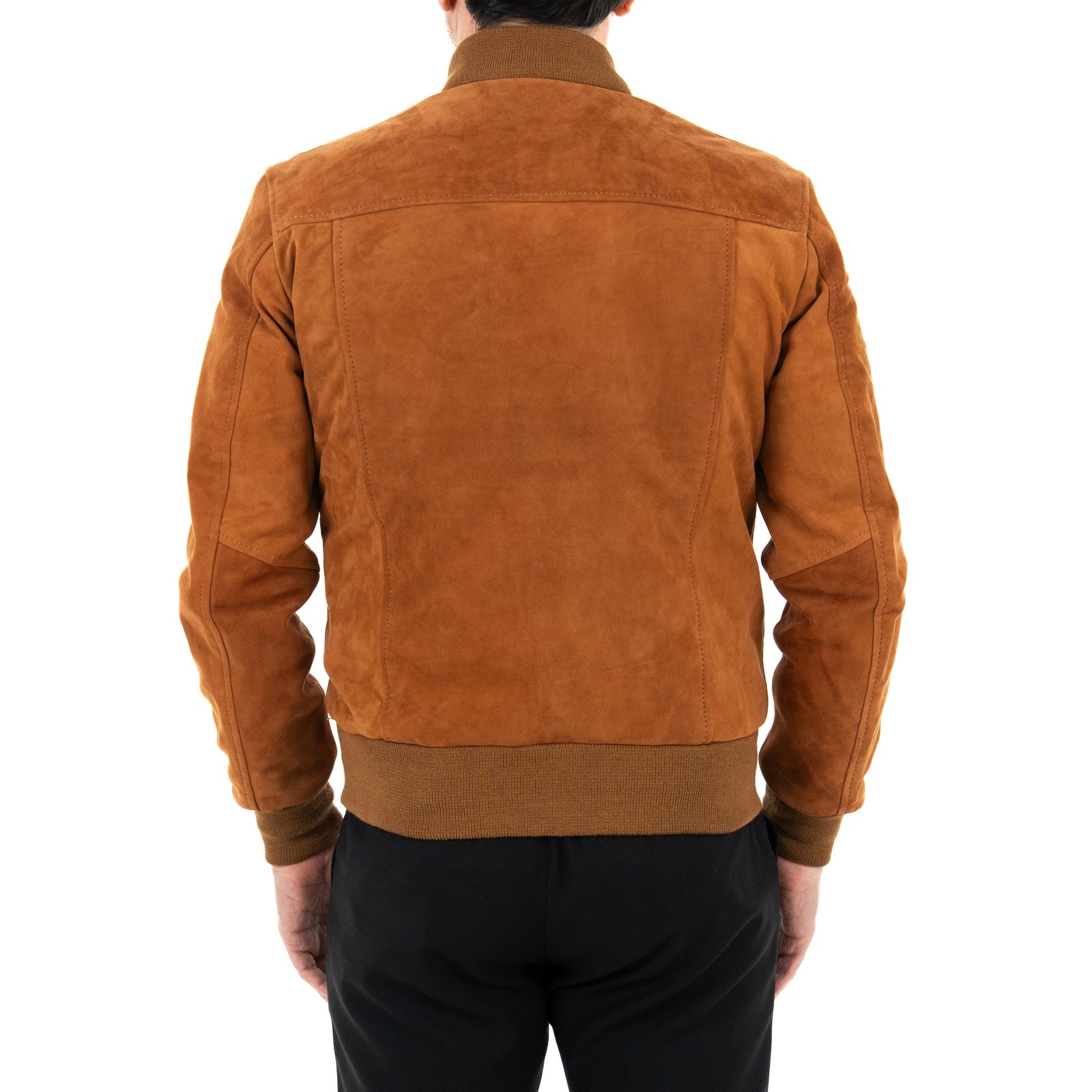 Giubbotto Bomber In Vera Pelle Camoscio Bruciato Uomo Slim Collo College Rindway