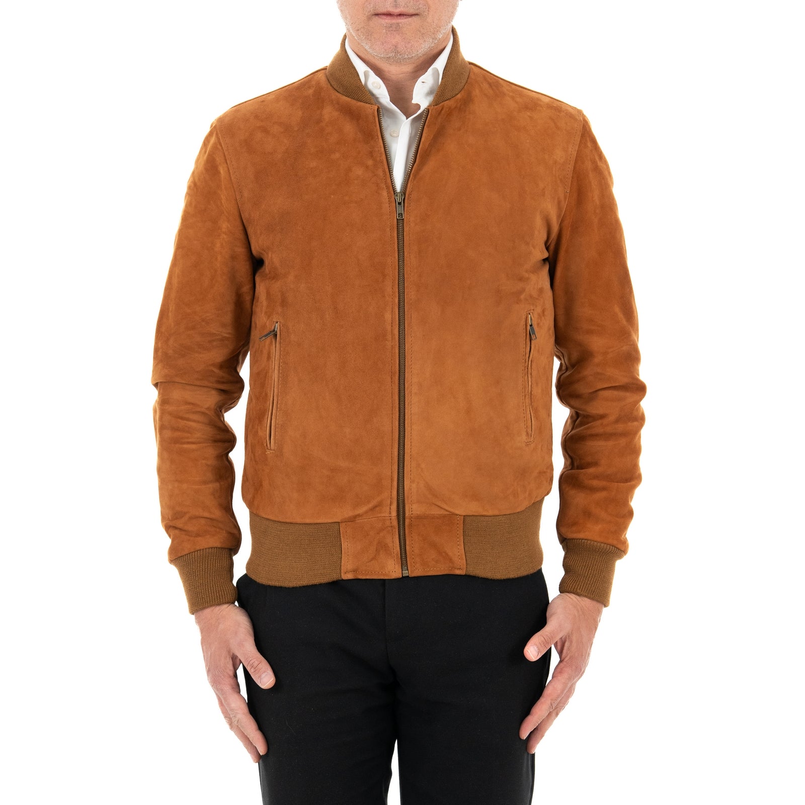 Giubbotto Bomber In Vera Pelle Camoscio Bruciato Uomo Slim Collo College Rindway