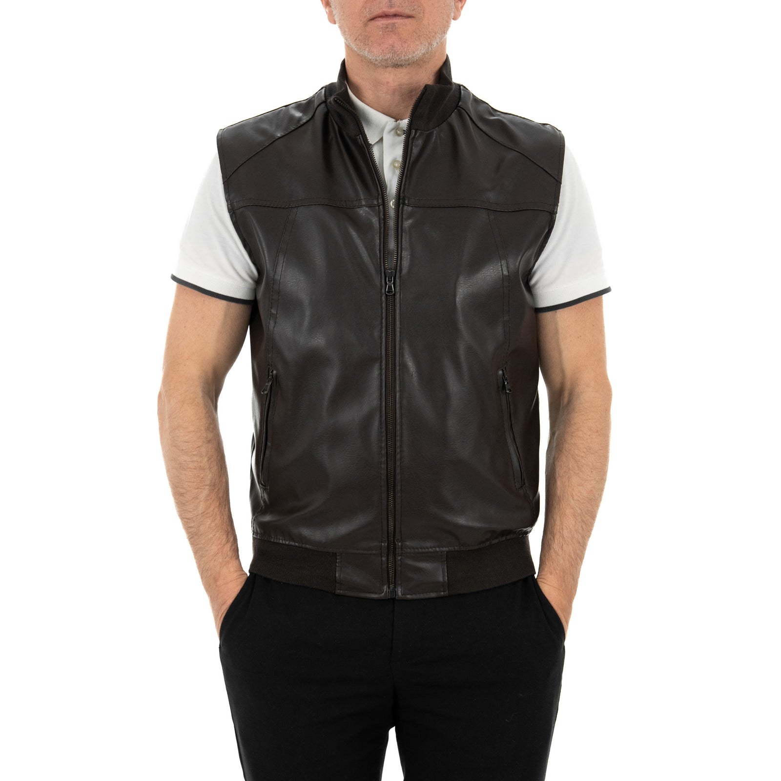 Giubbotto Bomber In Pelle PU Marrone Uomo Smanicato Slim Con Tagli Frontali Outlet Rindway