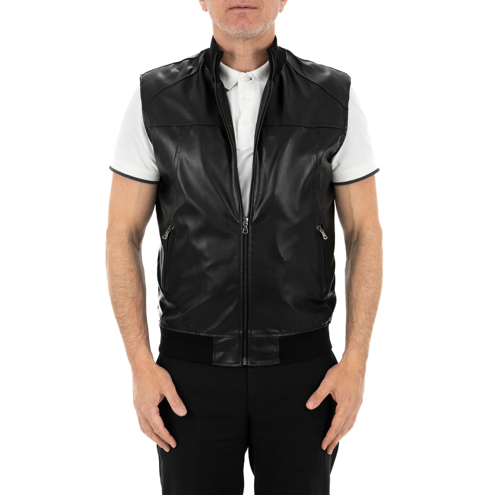 Giubbotto Bomber In Pelle PU Nero Uomo SmanicatoSlim Con Tagli Frontali Outlet Rindway
