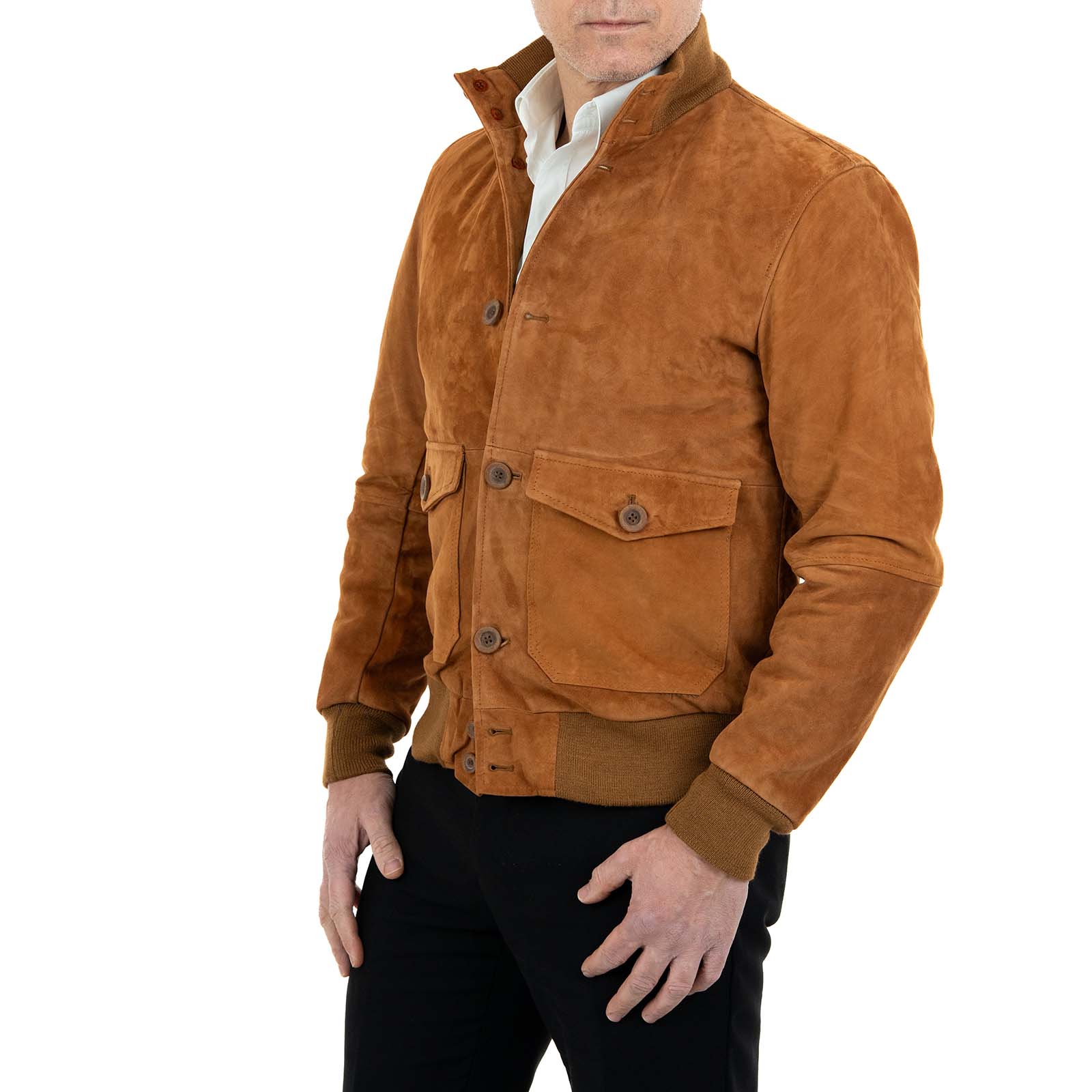 Slim Men's Burnt Suede Bomber Jacket With Buttons And Big Pockets Rindway