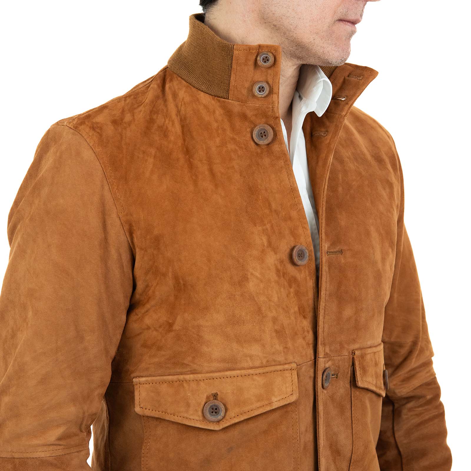Slim Men's Burnt Suede Bomber Jacket With Buttons And Big Pockets Rindway