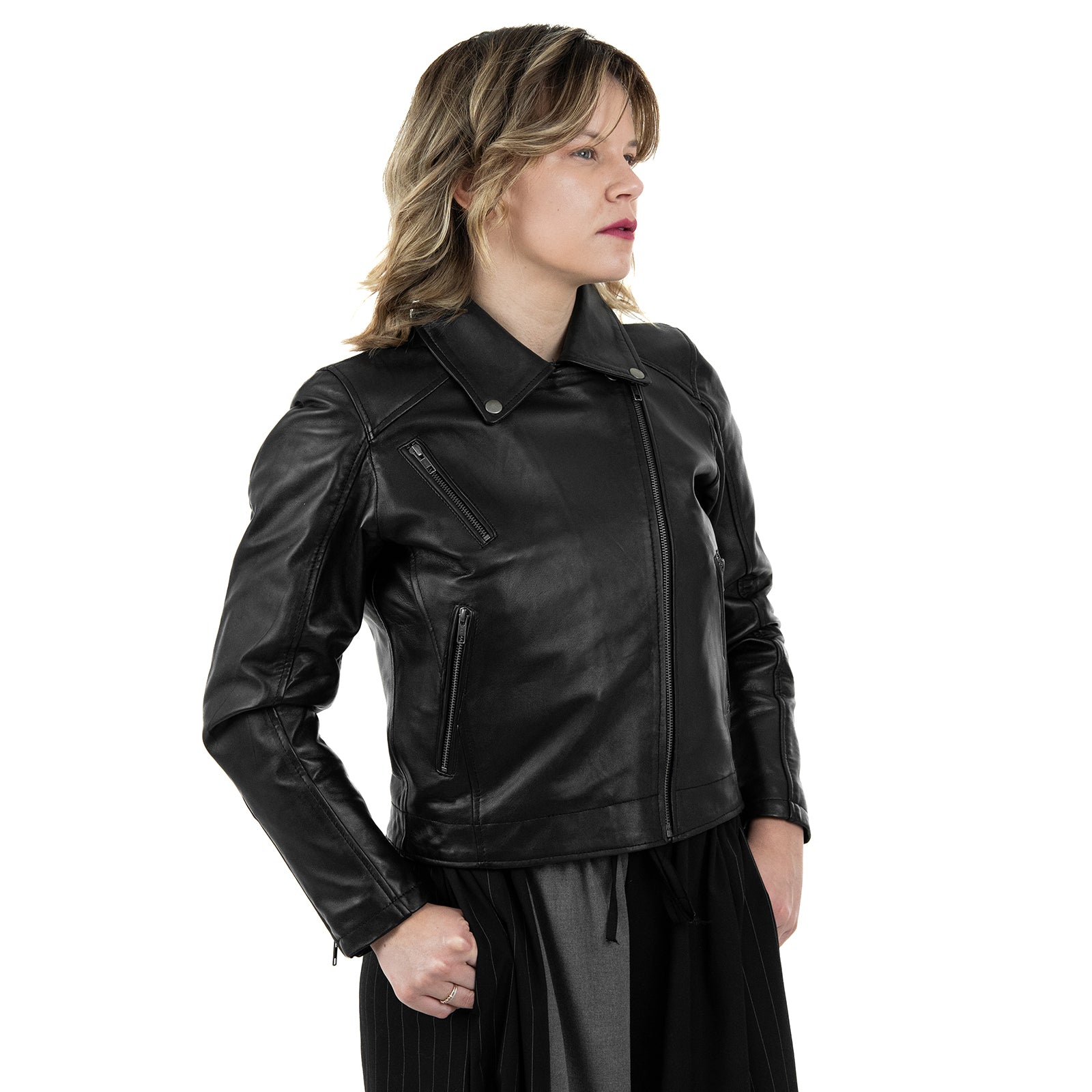 Chiodo Giacca  In Vera Pelle Donna Slim Fit Polsi Con Cerniera Cod.P05