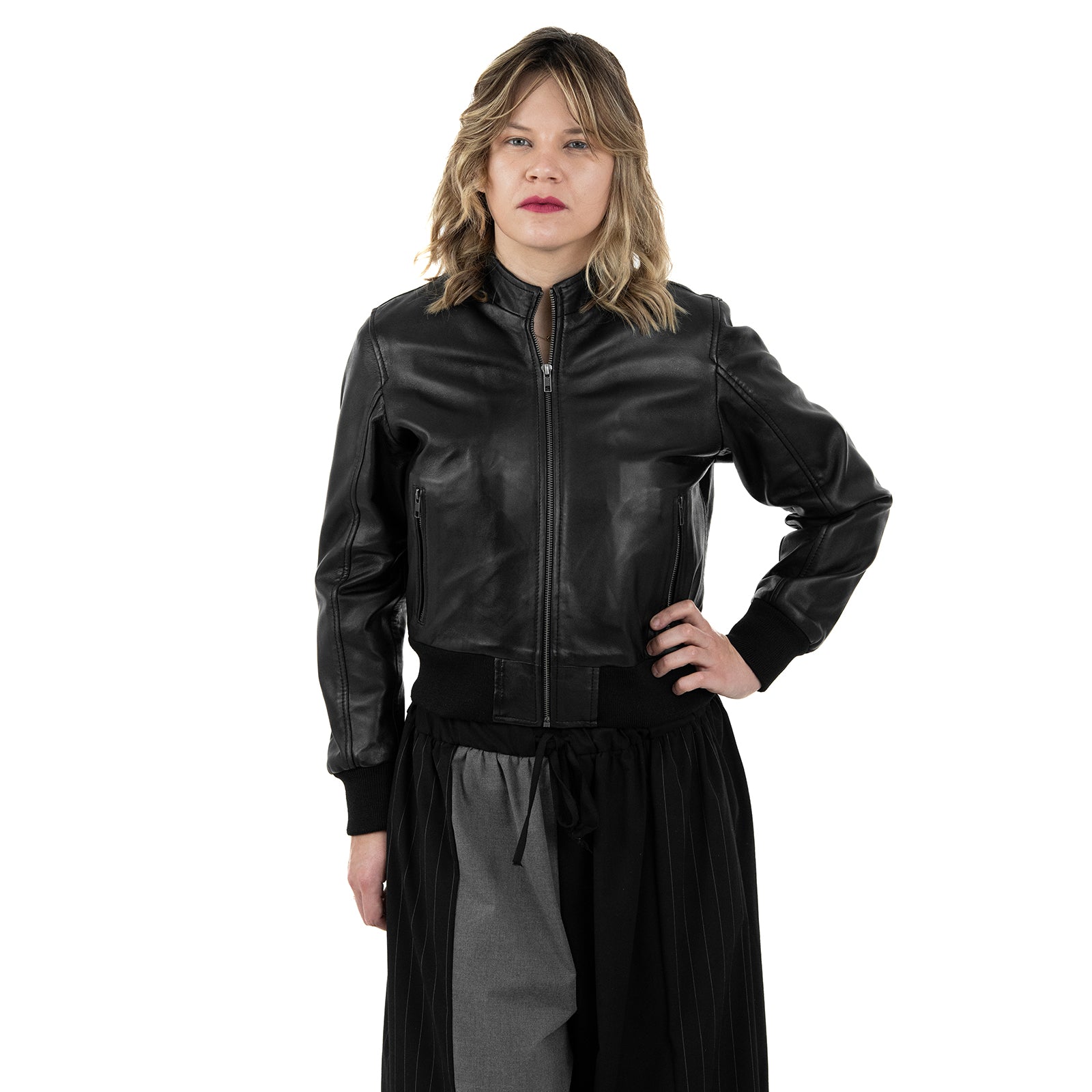 Bomber Giubbotto In Vera Pelle Donna Slim Fit Corto Con Collo in Pelle Cod.P01