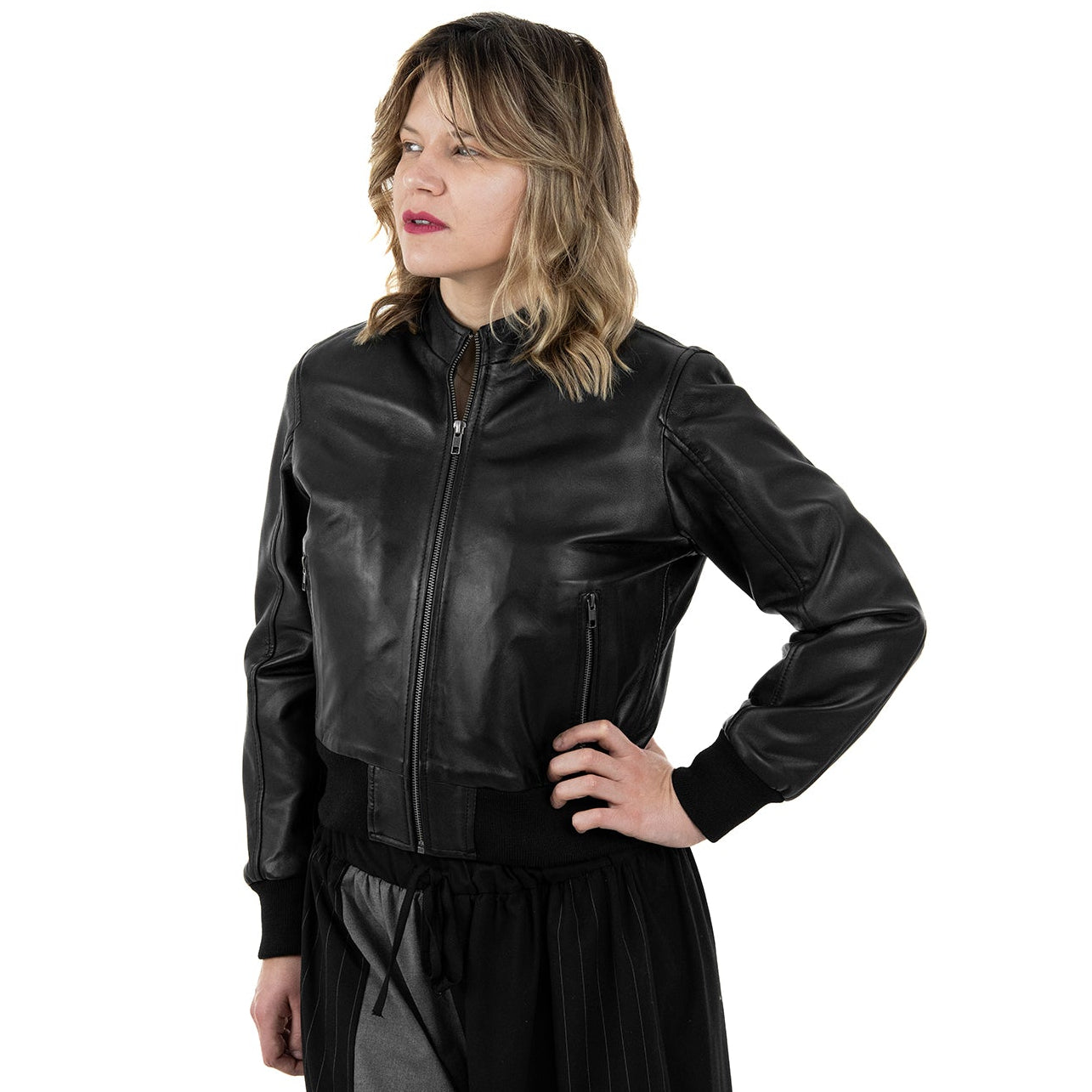 Bomber Giubbotto In Vera Pelle Donna Slim Fit Corto Con Collo in Pelle Cod.P01