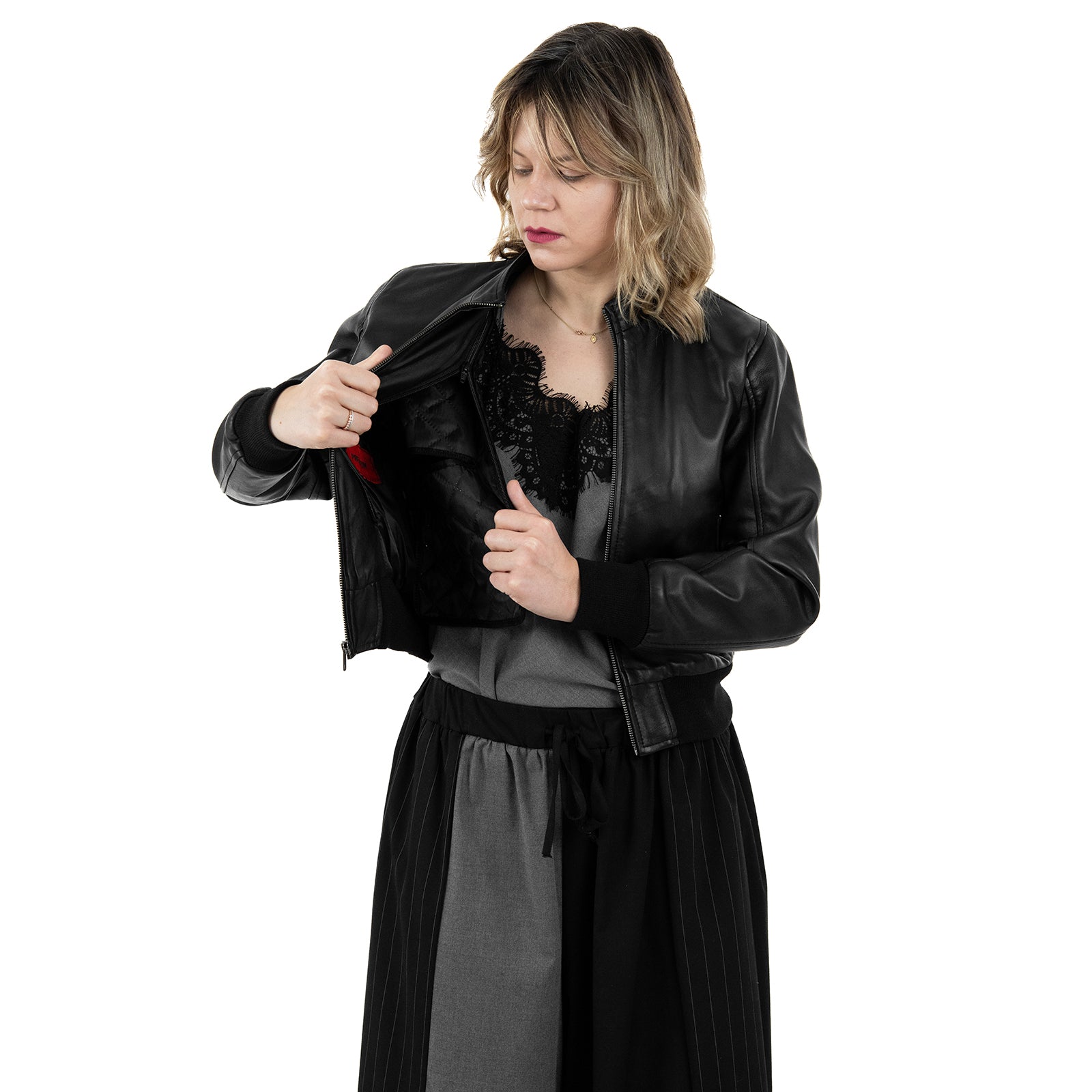 Bomber Giubbotto In Vera Pelle Donna Slim Fit Corto Con Collo in Pelle Cod.P01