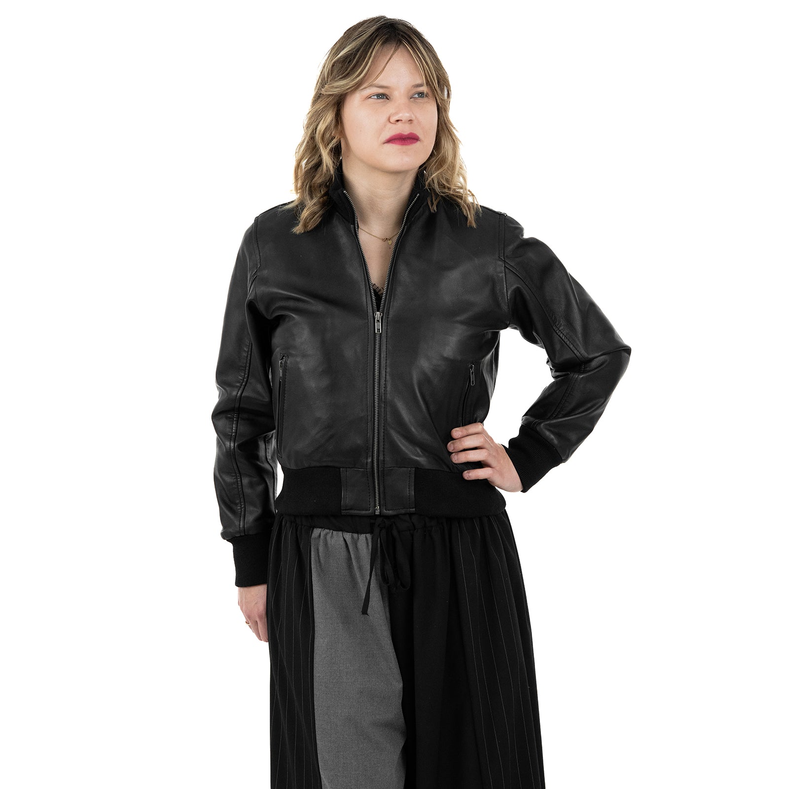 Bomber Giubbotto In Vera Pelle Donna Slim Fit Corto Con Cerniera Cod.P02