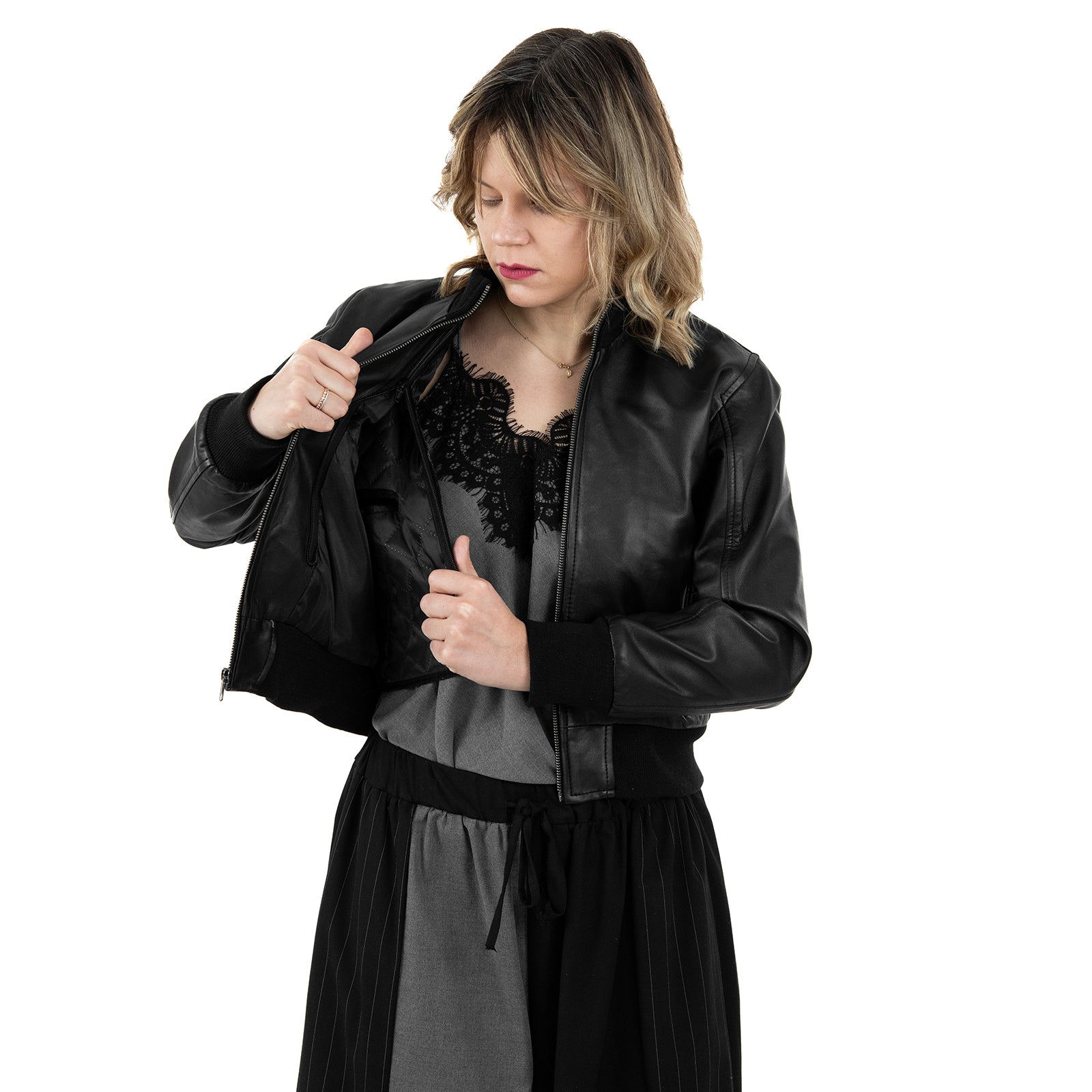 Bomber Giubbotto In Vera Pelle Donna Slim Fit Corto Con Cerniera Cod.P02