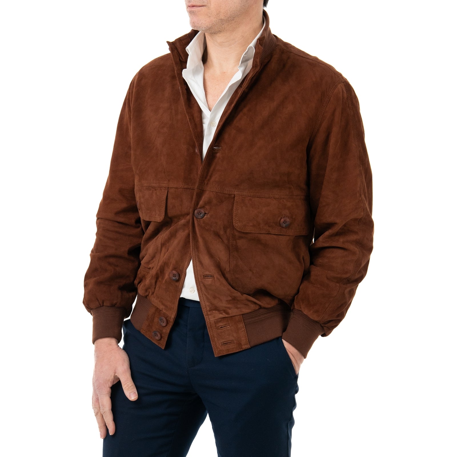 Giacca Bomber In Vera Pelle Camoscio Light Tabacco Uomo Slim Con Bottoni E Tasconi Rindway