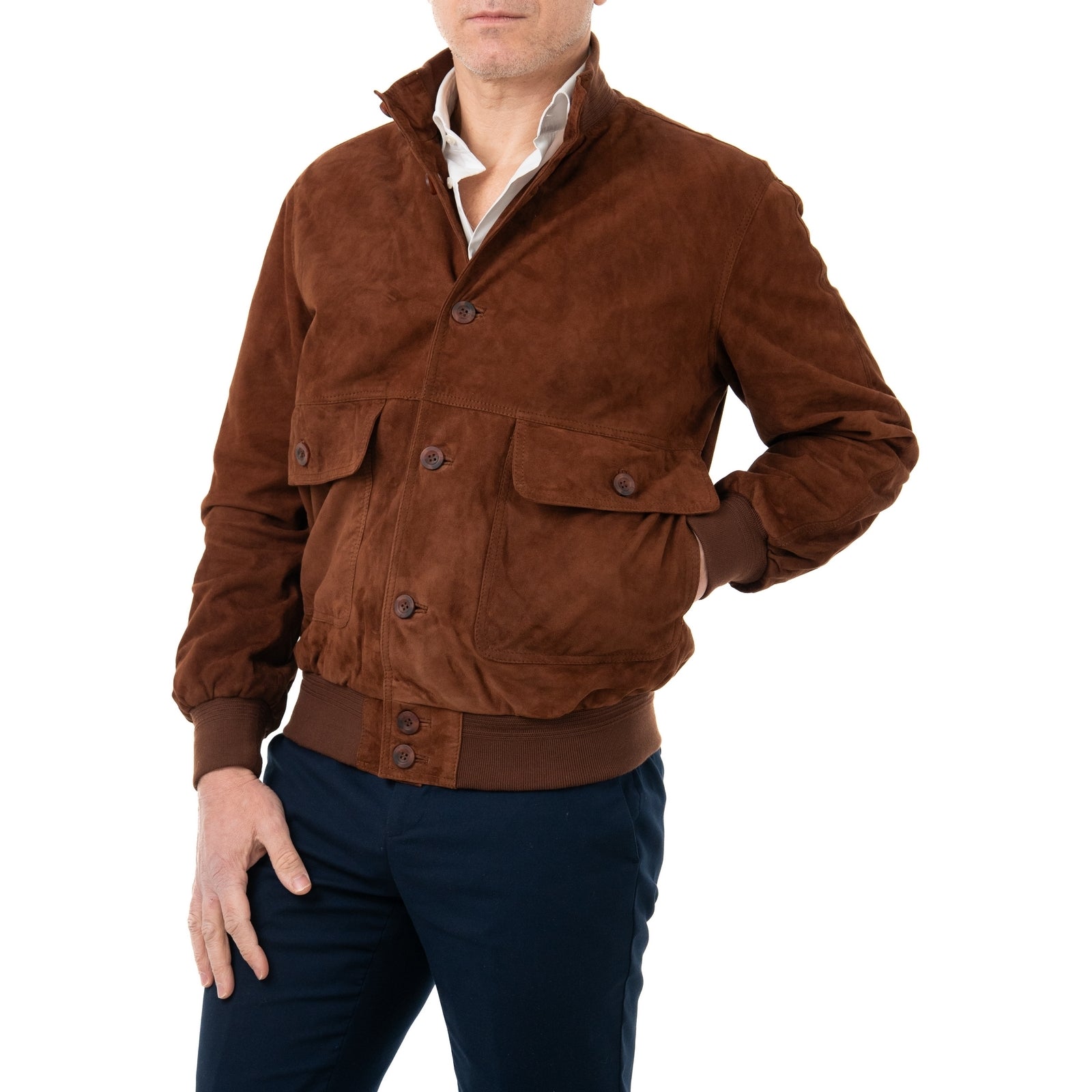 Giacca Bomber In Vera Pelle Camoscio Light Tabacco Uomo Slim Con Bottoni E Tasconi Rindway