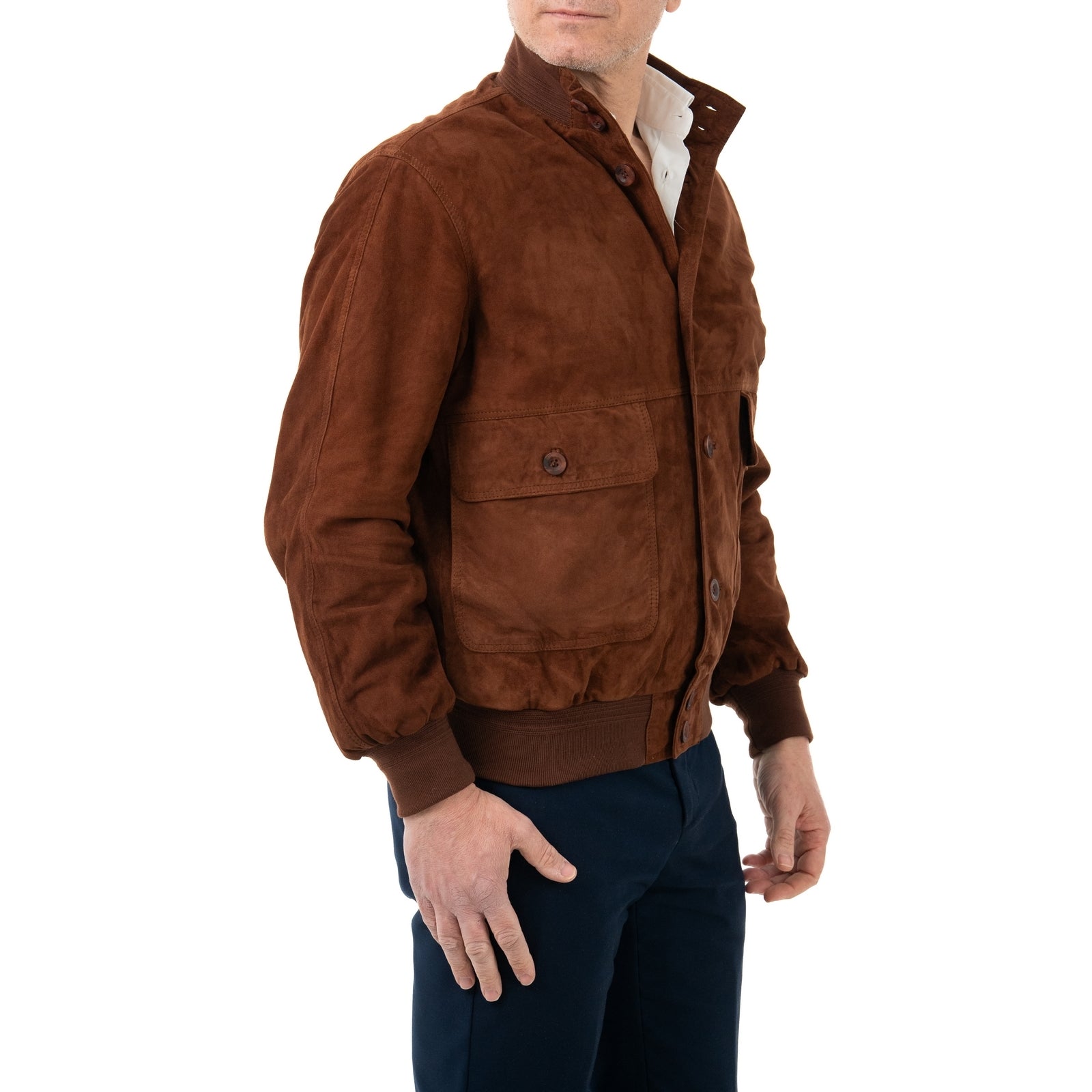 Giacca Bomber In Vera Pelle Camoscio Light Tabacco Uomo Slim Con Bottoni E Tasconi Rindway