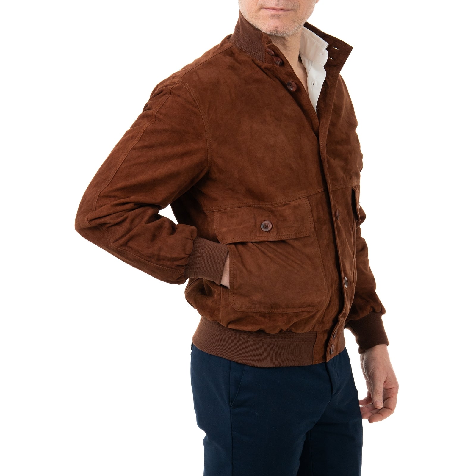 Giacca Bomber In Vera Pelle Camoscio Light Tabacco Uomo Slim Con Bottoni E Tasconi Rindway
