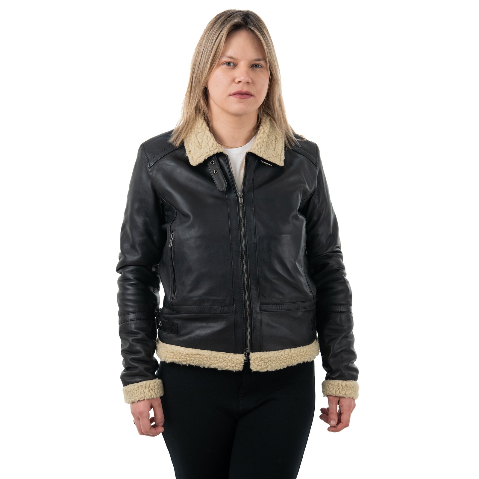 Giacca Biker In Vera Pelle Donna Slim Fit Corto In Stile Montone Collo Con Fibbia Cod.P09