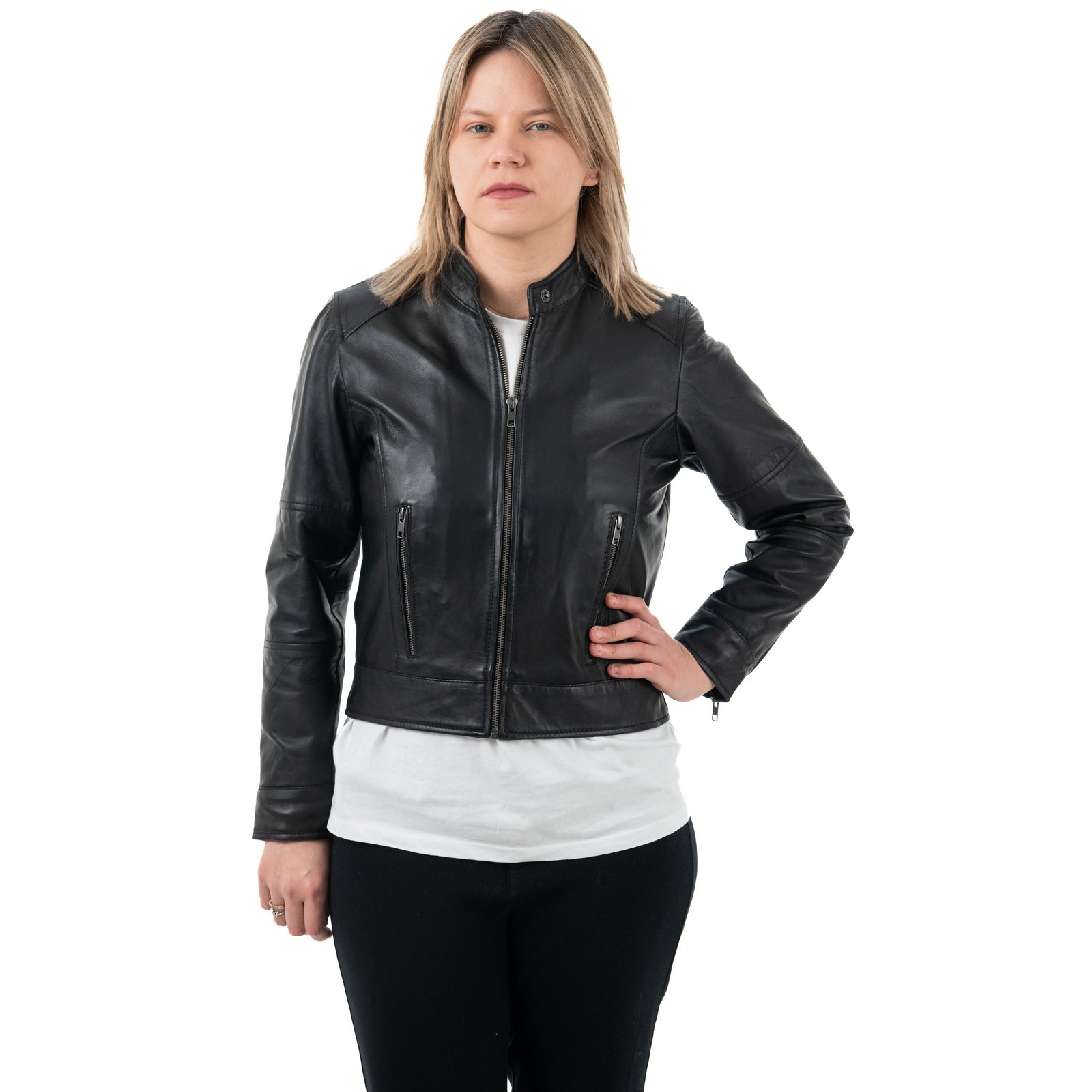 Giacca Biker In Vera Pelle Donna Slim Fit Corto Tasche Laterali Con Cerniera Cod.P07