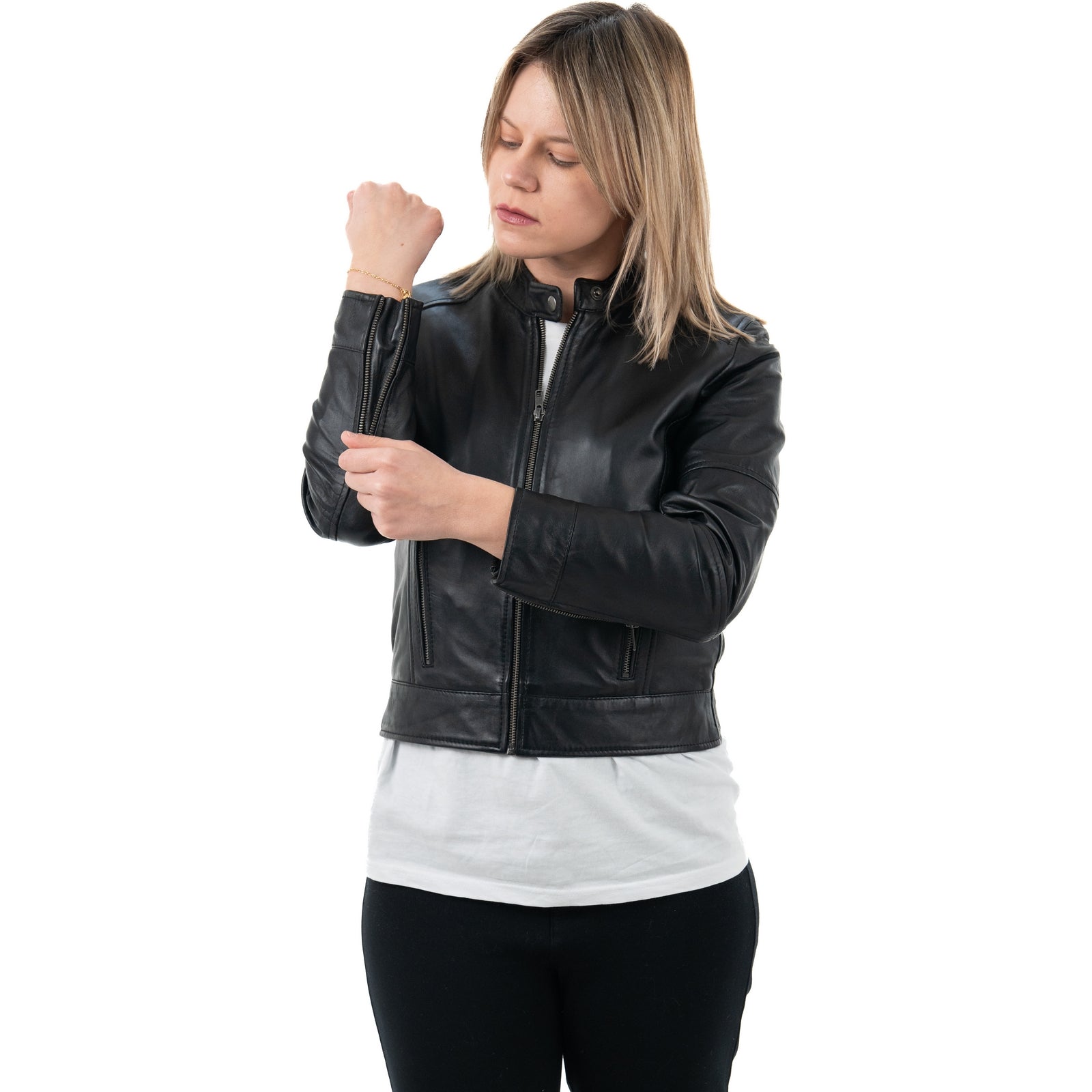 Giacca Biker In Vera Pelle Donna Slim Fit Corto Tasche Laterali Con Cerniera Cod.P07