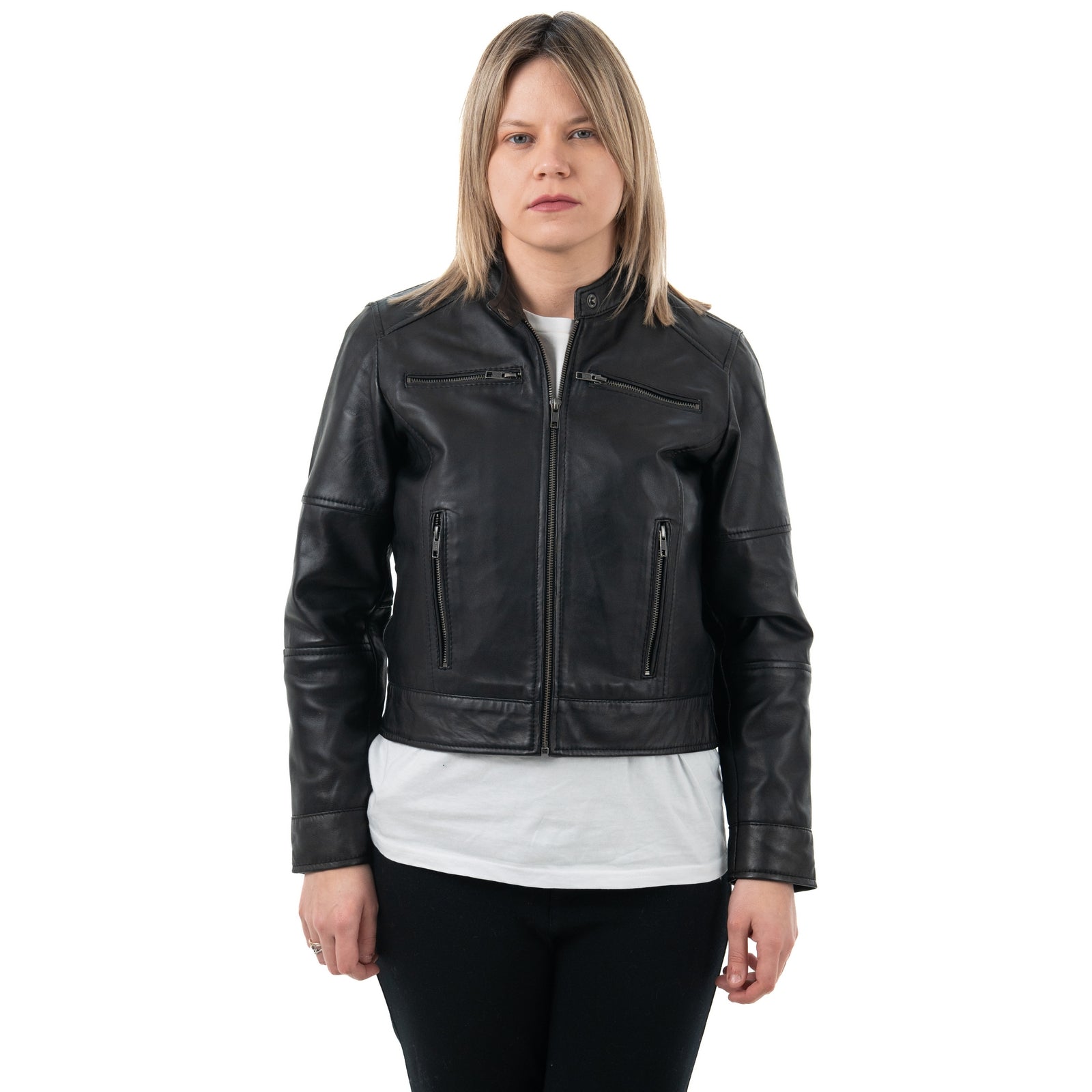 Giacca Biker In Vera Pelle Donna Slim Fit Corto Quattro Tasche Con Cerniera Cod.P08