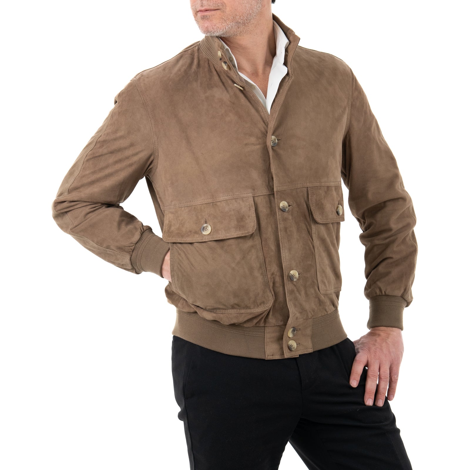 Giacca Bomber In Vera Pelle Camoscio Light Taupe Uomo Slim Con Bottoni E Tasconi Rindway