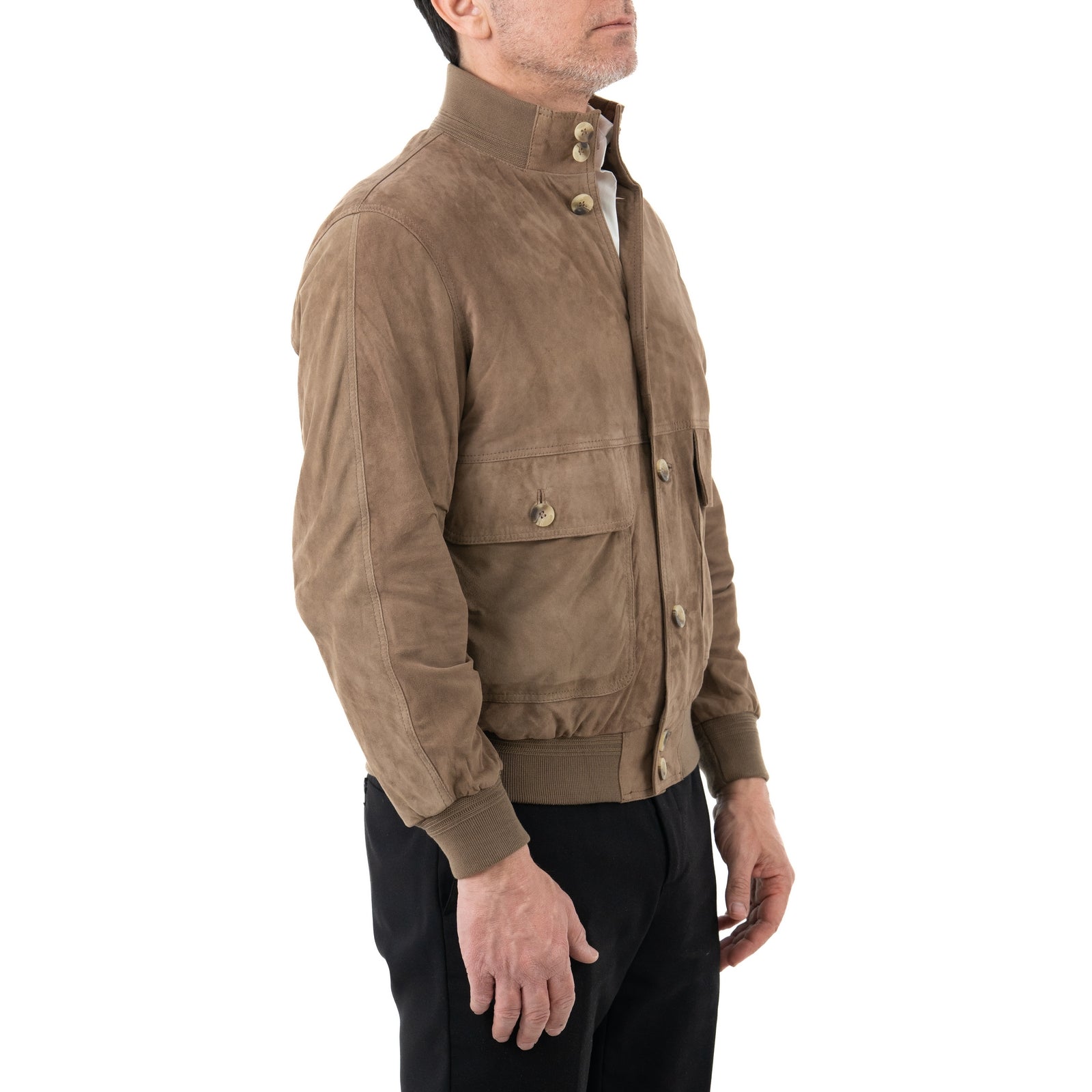Slim Men's Bomber Jacket In Genuine Leather Suede Taupe With Buttons And Big Pockets Rindway